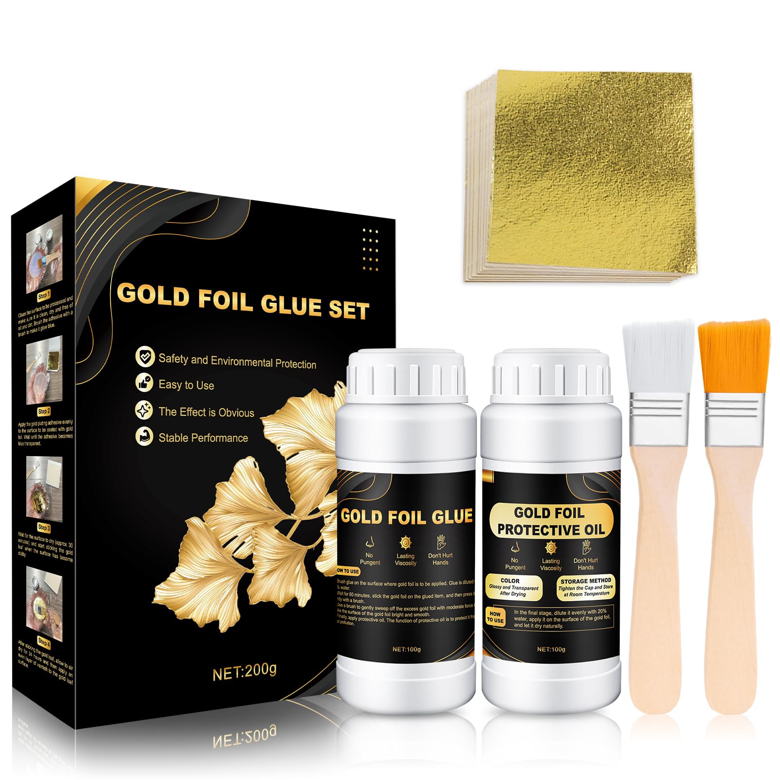 Allony Gold Leaf Sheets 100 Pcs, Gilding Adhesive Set, Water Based Adhesive & Protective Varnish, 2 Brushes for Metal Craft & Painting
