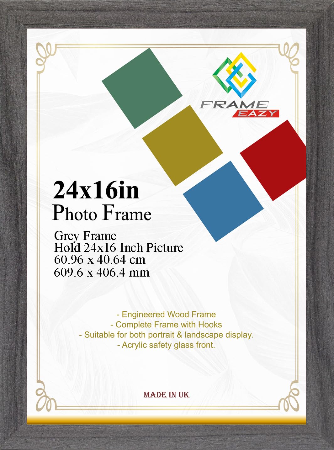 Modern Grey Frame 24 x 16 Inch (60.96 x 40.64cm) Large Picture Poster Frames with Safe Clear Perspex Front & Wall Mounting - Grey 16" x 24" Premium Wall Photo Frames