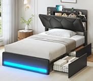 AOGLLATI Twin Bed Frames with Slanted Hidden Storage Headboard and 4 Drawers with Charging Station&comma; Upholstered Black Led Bed Frame with Inductive Lights&comma;No Box Spring Needed&comma; Black