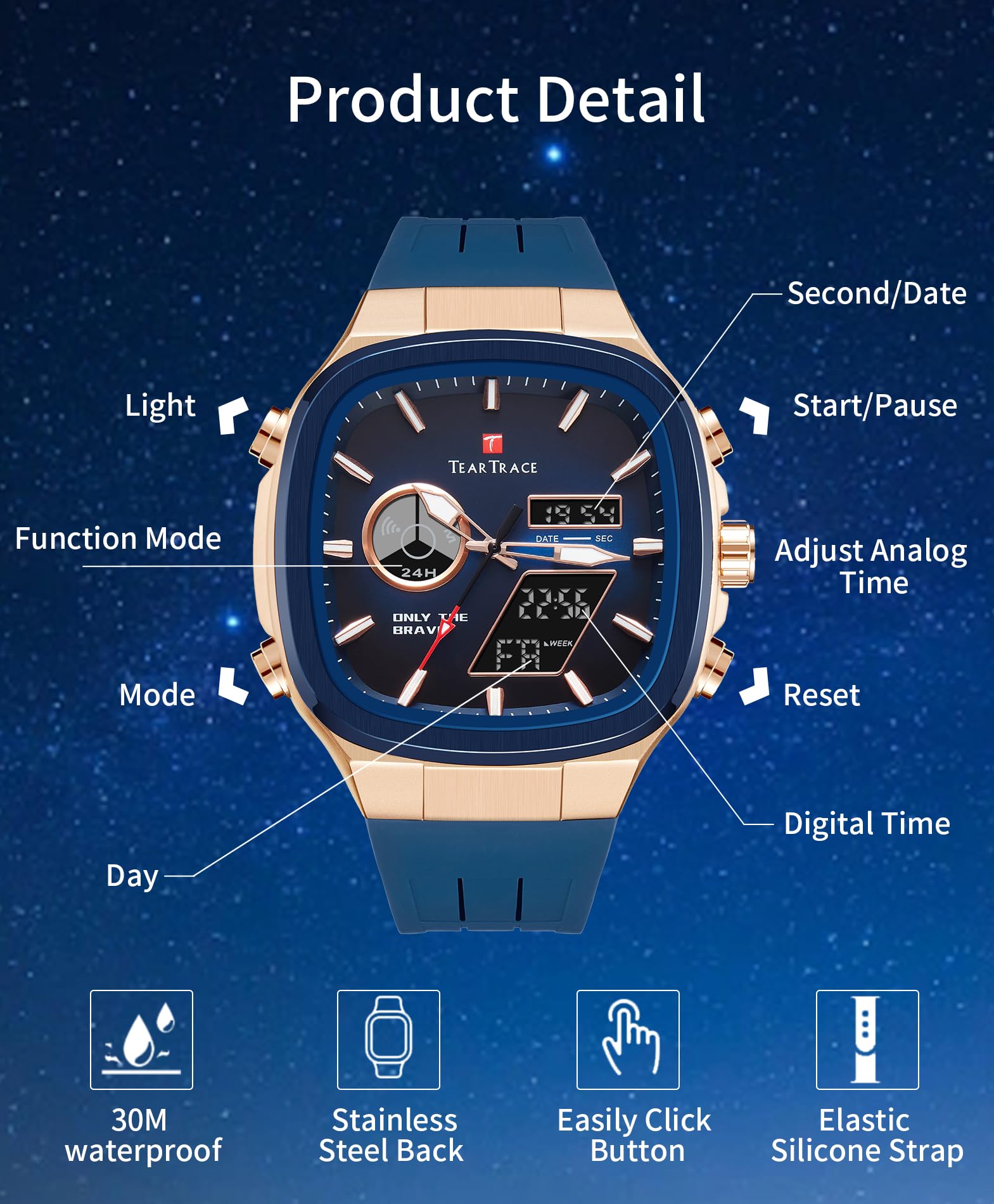TEARTRACE Montre de sport pour homme - Analogique et numérique - Étanche - Chronographe - Alarme - Multifonctionnelle - Bracelet en silicone