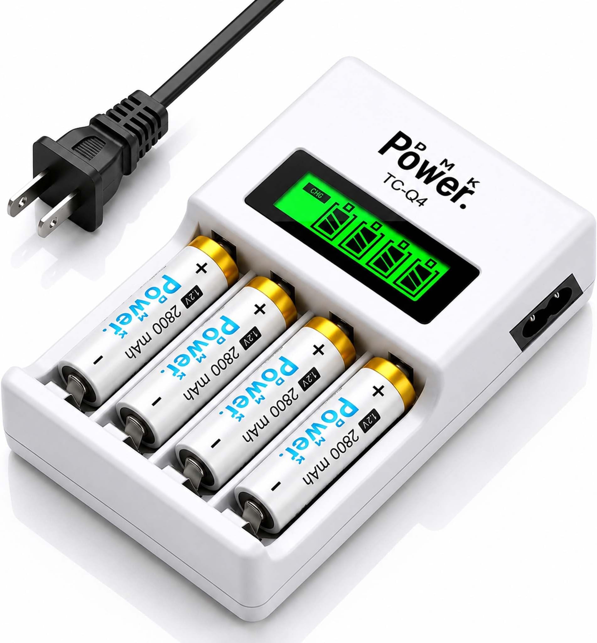 DMK Power 4pcs AA 1.2V 2800mAh High Capacity Rechargeable Batteries and TC-Q4 AAA AA Four Slot Independent Intelligent Quick LCD Charger for Ni-MH/Ni-CD Rechargeable Batteries with 3pin UK Plug Cable