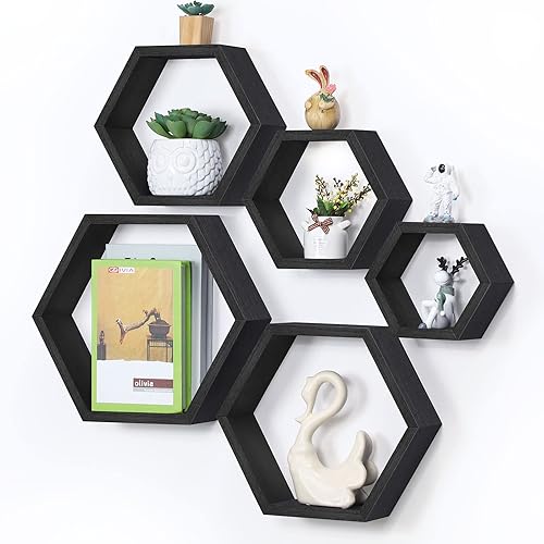 Juego de 5 estantes hexagonales flotantes hexagonales, decoración de pared, estantes de pared negros de nido de abeja, estante de almacenamiento