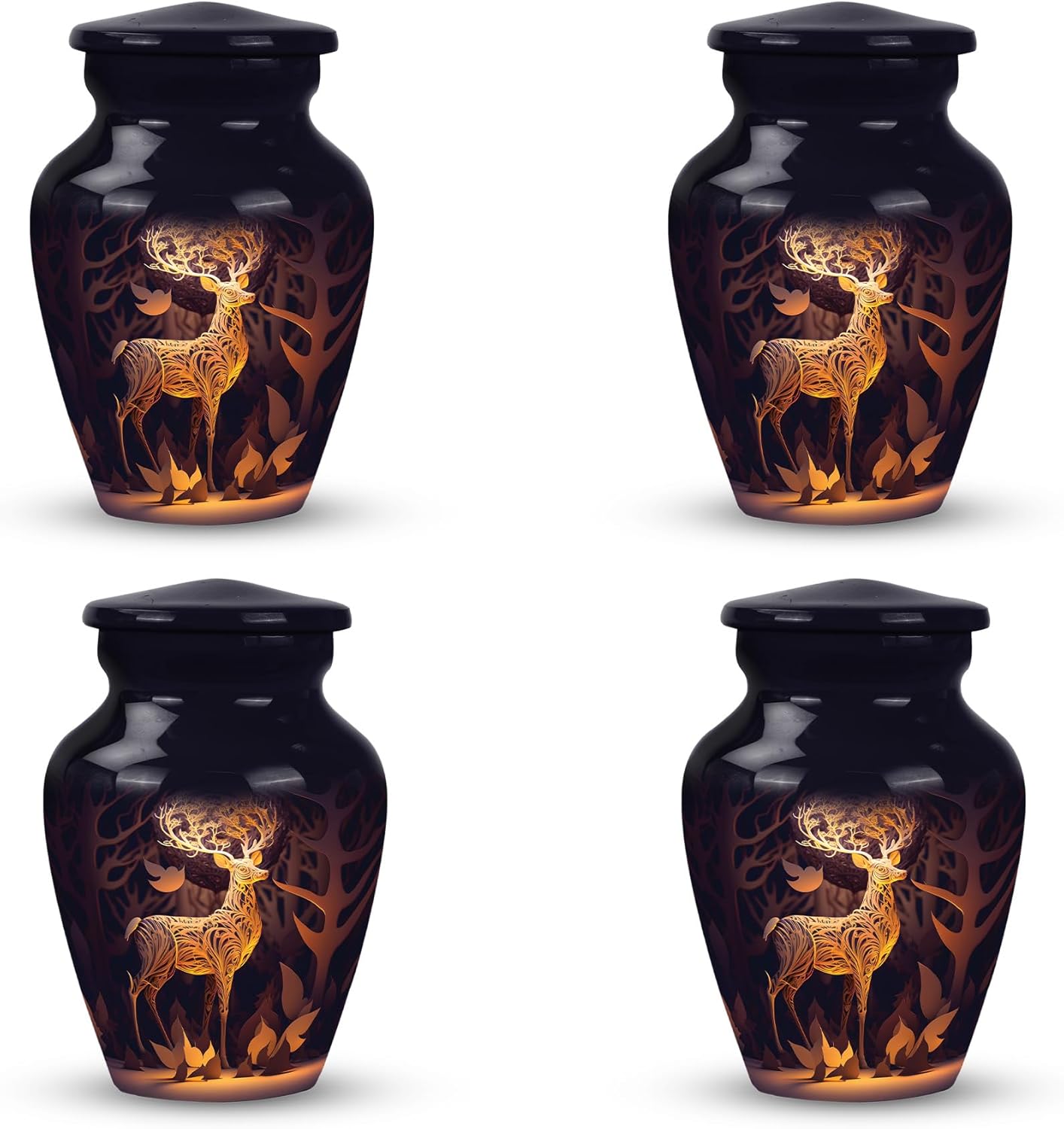 Set of 4 Gold Majestic Deer in Forest Urn - Mini Keepsake for Adult Human Ashes - Small Cremation Urn - Size 3inch