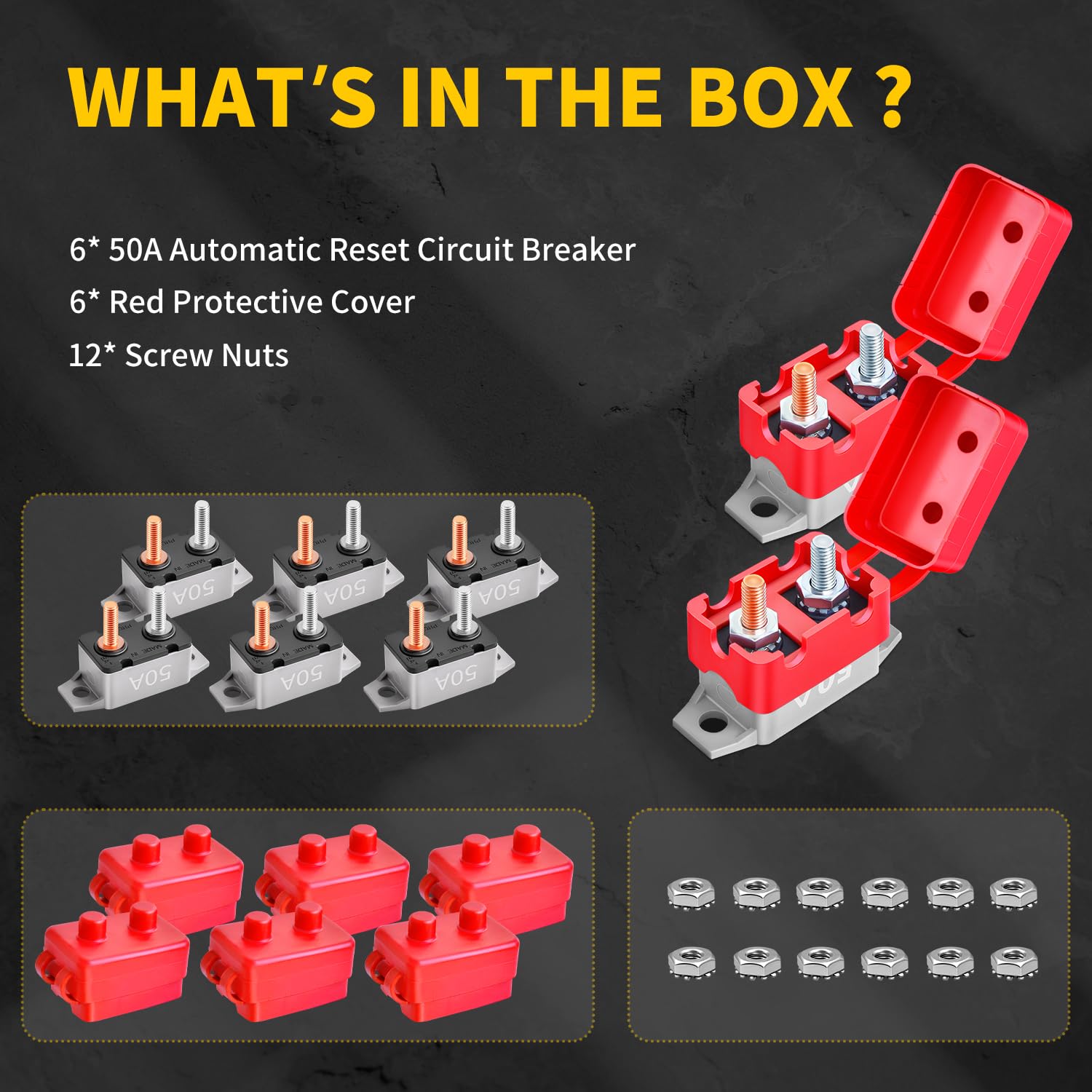 50Amp Automatic Reset Circuit Breaker 12V-24V DC for Automotive Marine Boat Car RV Trailer Solar System with Cover Stud Bolt, IP66 Waterproof (Pack of 6) — Amazon image 7