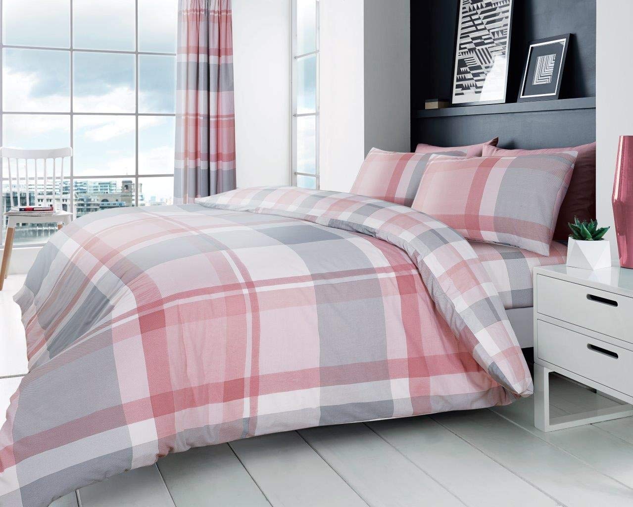 Gaveno Cavailia Easy Care Check Style Duvet Cover with Pillowcases, Luxury Reversible Quilt Bedding Set, Poly Cotton, Kingsize, Blush Pink, 50% Polyester & 50, King, 11446729