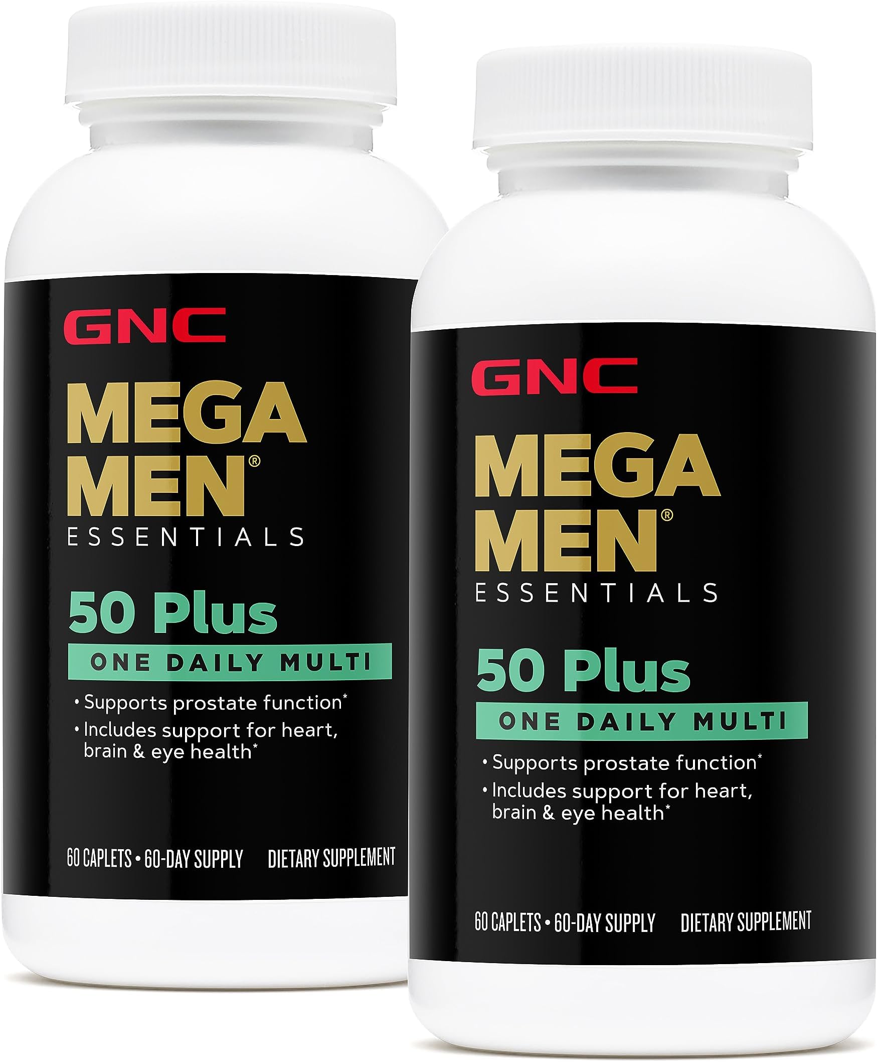 GNC Mega Men 50 Plus One Daily Multivitamin, Twin Pack, 60 Caplets per Bottle, Supports Heart, Brain and Eye Health