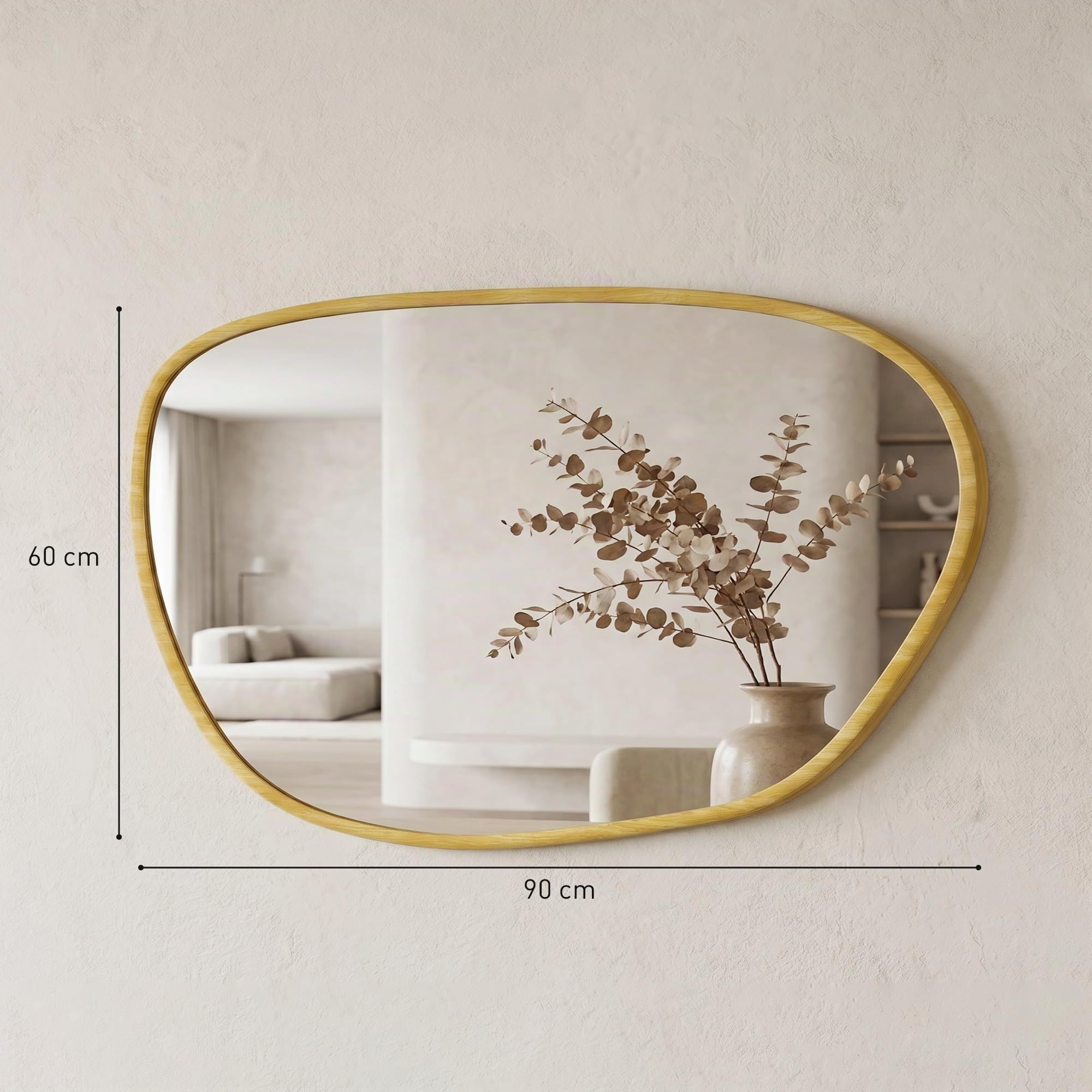 HOMCOM Espejo de baño asimétrico 90x60 cm Natural | Vidrio templado, decorativo, dormitorio, sala de estar, pasillo
