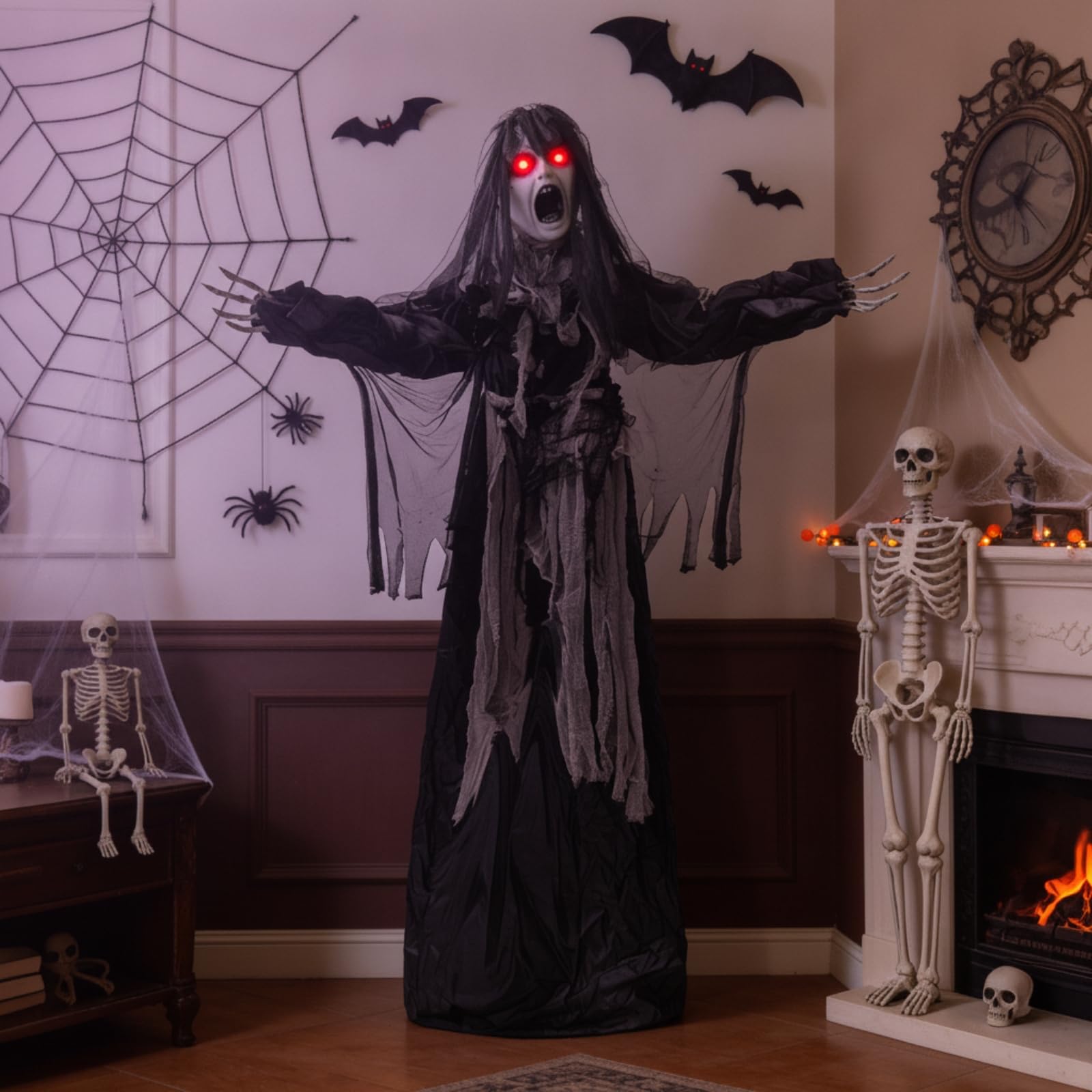 de Halloween Figura Decoración Fantasma Cadáver con Cabeza Giratoria Manos en Garra y Montaje Sencillo a Batería AA y Estructura Colgante Adecuado para Temáticos Terrazas Recibidores