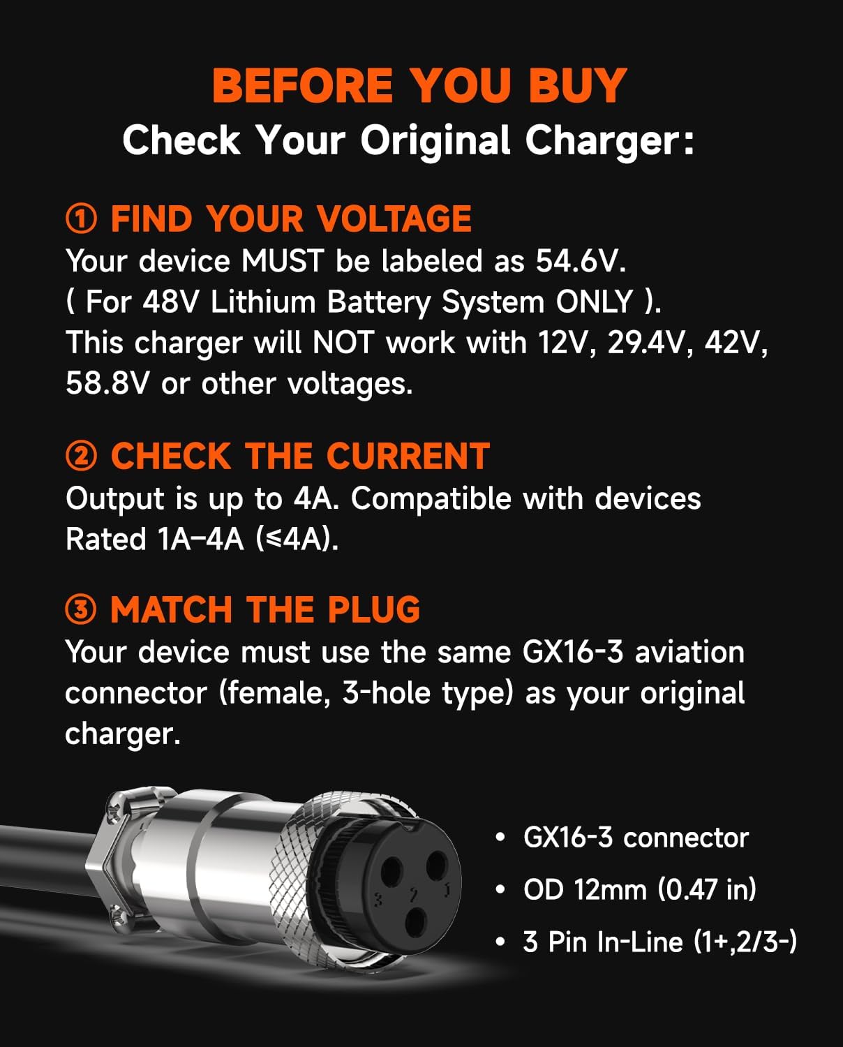54.6V 4A Charger for 48V (13S) Lithium Battery, GX16‑3 3‑Pin Aviation Connector (Female 3‑Hole), 100–240V Smart Charger for Electric Bike/Ebike & Electric Scooter