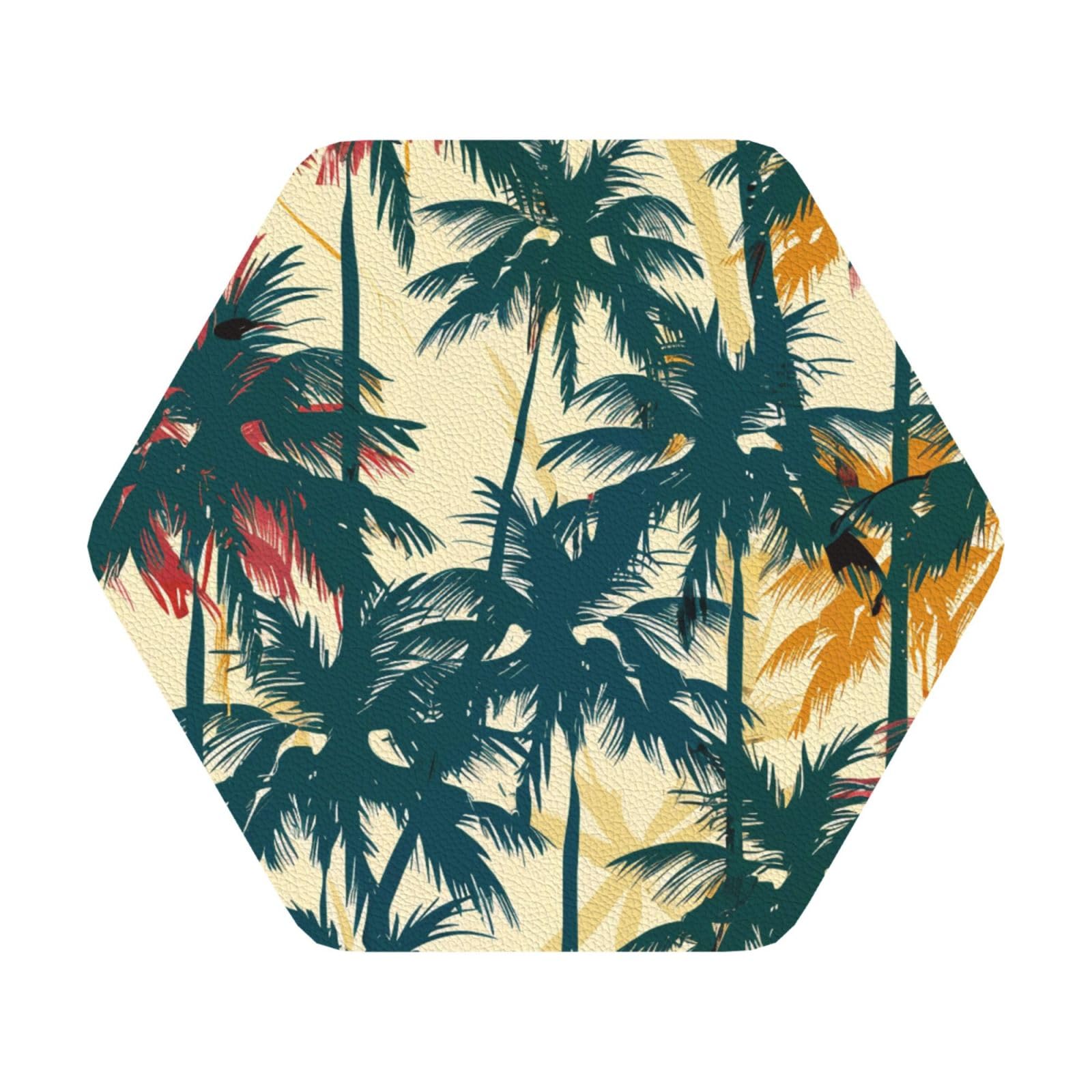 Palm Tree Pattern Print Leather Coaster Set of 6, Hexagon Coasters Table Decorative Coffee Cup Beverage Coasters Wine Beer Bar Coasters for Hot Drinks Table Protection