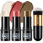 Lezero 3Pcs Contour Stick Makeup Kit, Shades with Highlighter, Blush and Bronzer Stick for Sculpt the Face and All Skin Type, Long Lasting, Smooth, Dewy & Matte Finish, MEDIUM TAN
