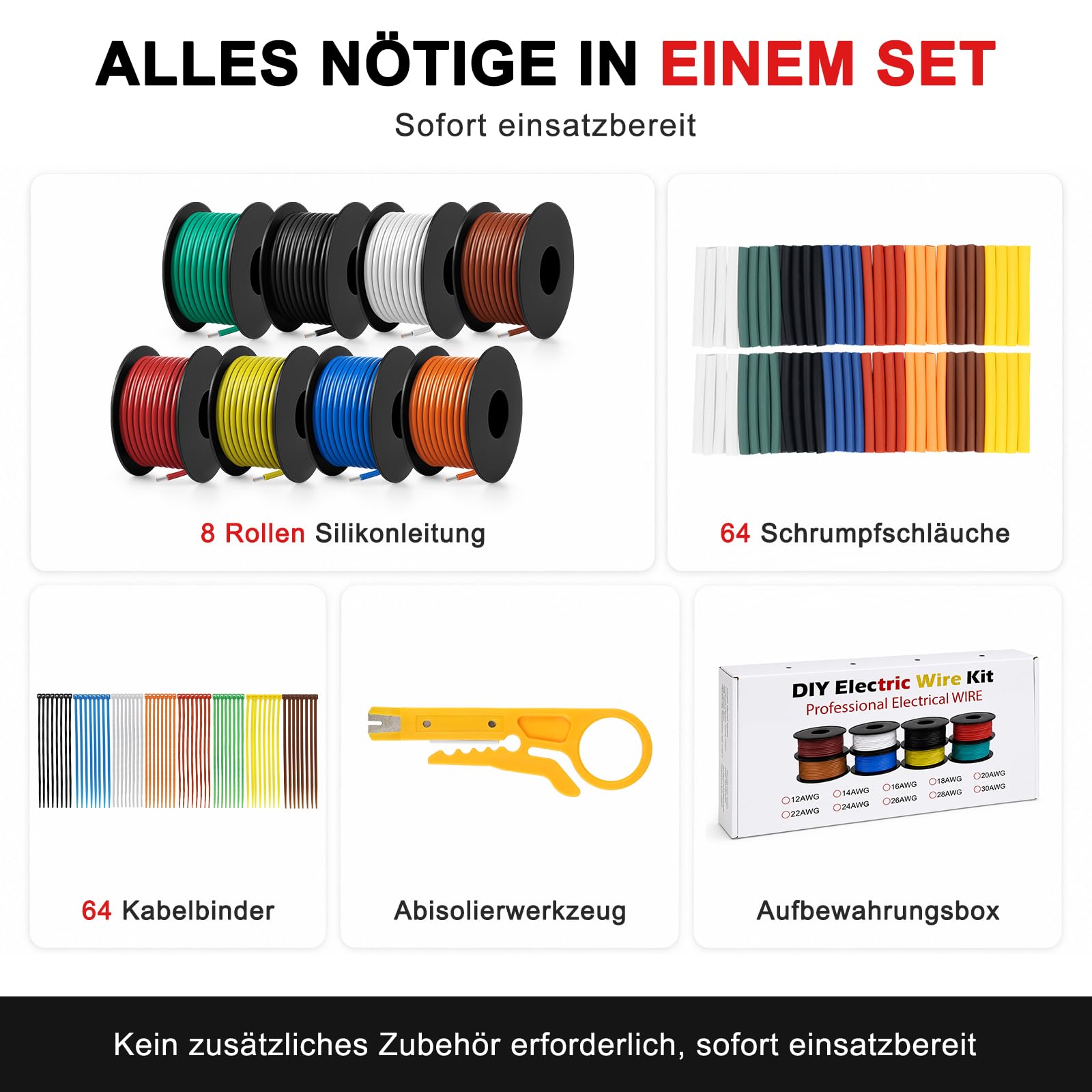 18 AWG Silikon Kabel Set 0,75 mm², 8 Farben 10 m pro Rolle, Extra Flexibler Litzendraht aus Verzinntem Kupfer, Komplett Set mit Schrumpfschlauch, Kabelbinder und Abisolierer für DIY, KFZ, RC, LED