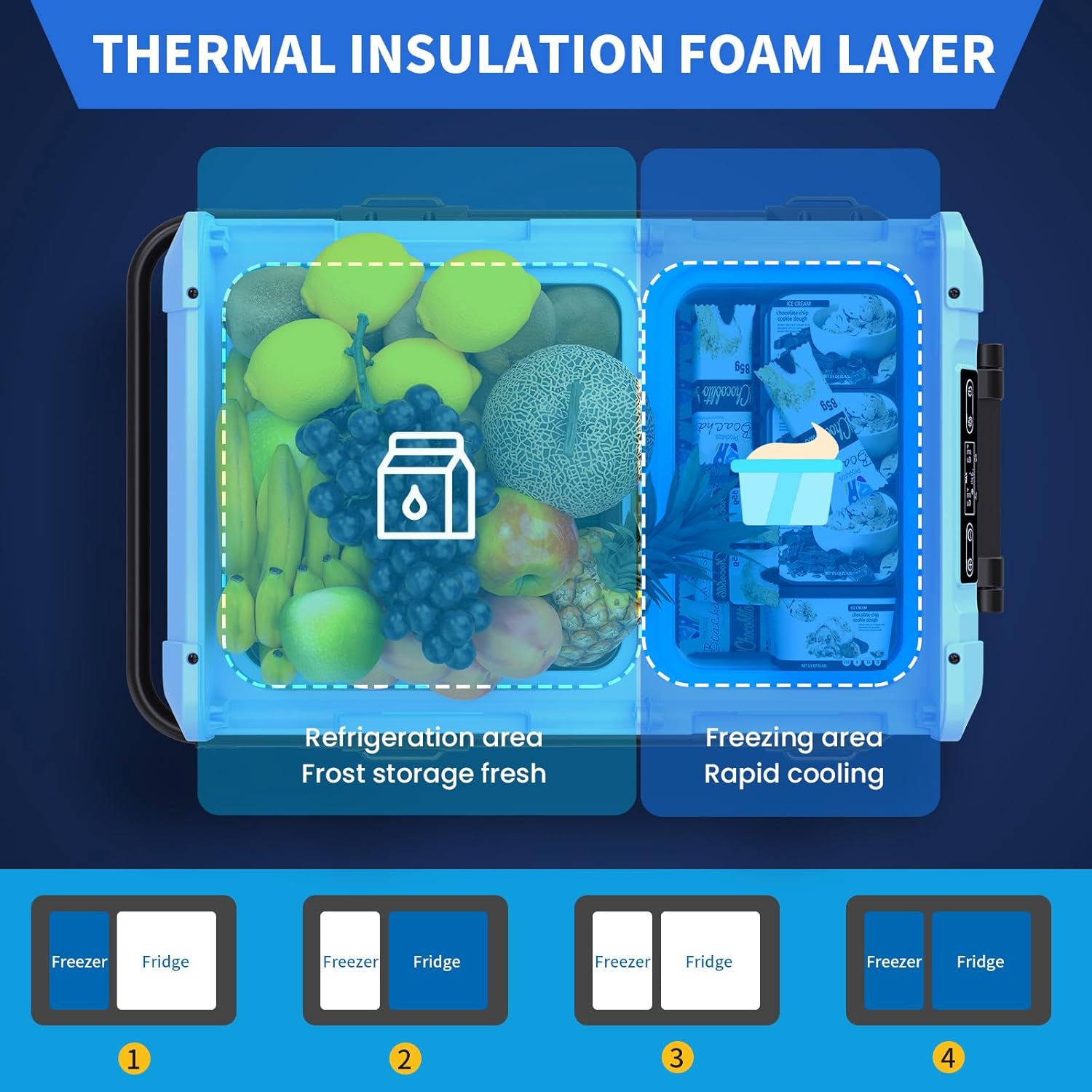 45L Dual Zone Car Refrigerator Freezer, -4℉~68℉, 48Qt Compressor Cooler with Reversible Door, Metal Handle, Dual Battery Slot, 100–240V AC / 12V / 24V DC Powered, LED Light – Ice Blue