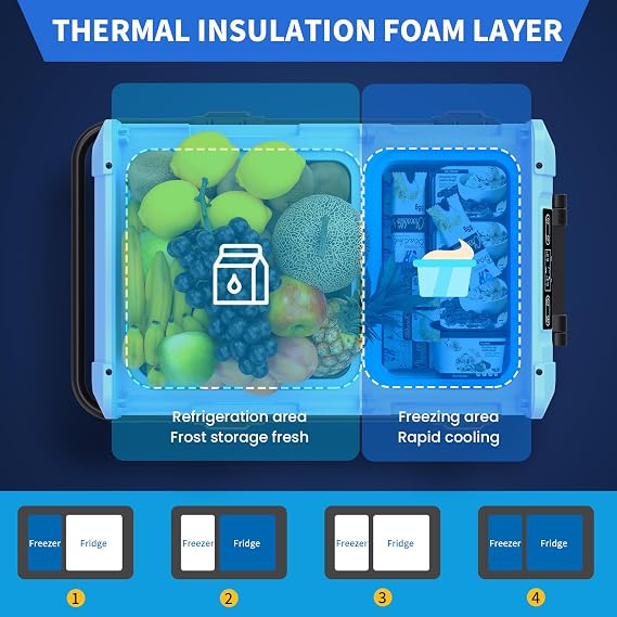 45L Dual Zone Car Refrigerator Freezer,4F~68F, 48Qt Compressor Cooler with Reversible Door, Metal Handle, Dual Battery Slot, 100240V AC / 12V / 24V DC Powered, LED Light Ice Blue