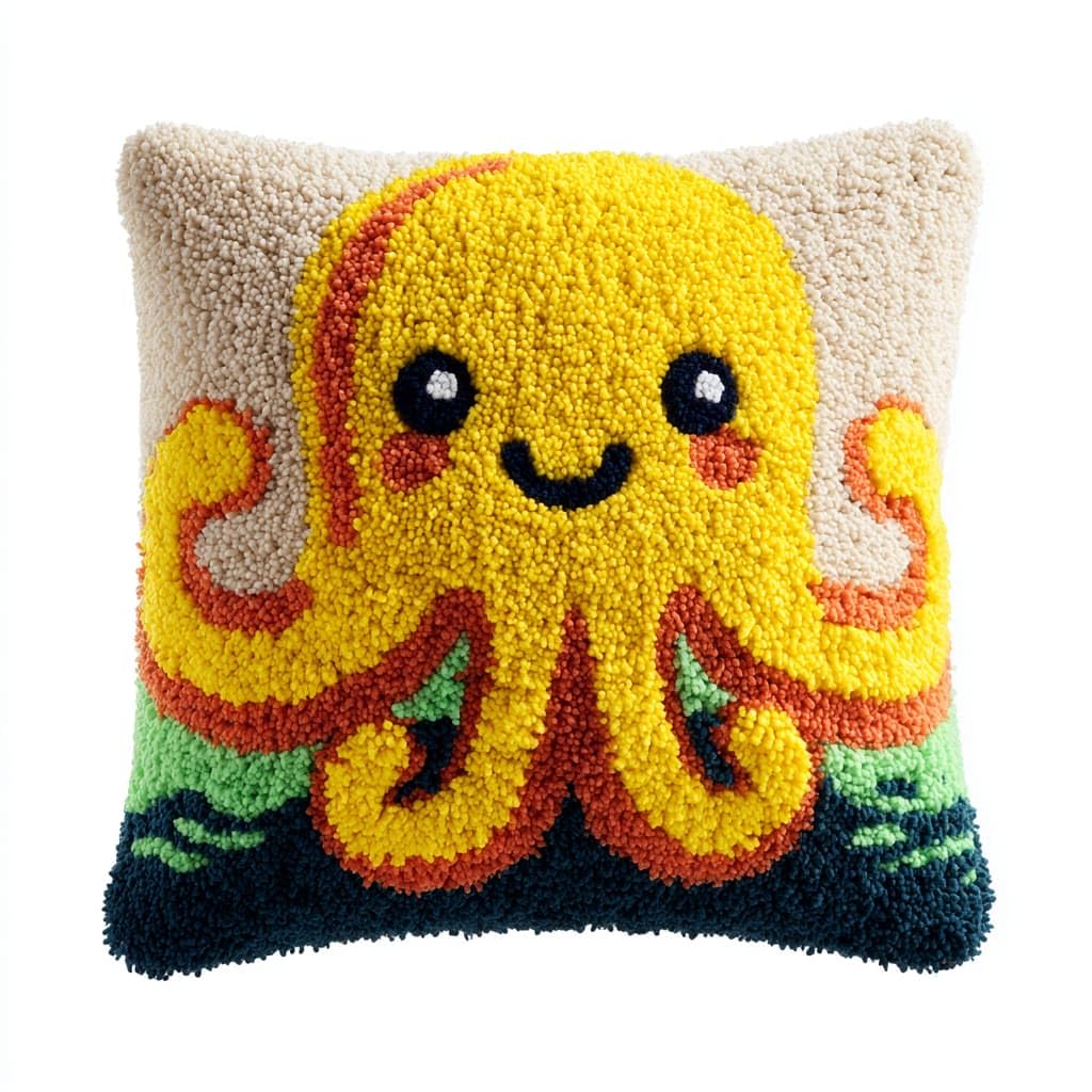 Taxpy DIY Latch Hooking Pillow Kits, Cartoon Octopus Pillow Cover Preprinted Throw Pillow Needlework Crochet Yarns Latch Hook Cushion Making17x17inch