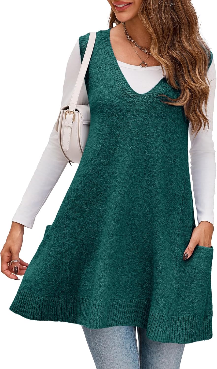 Saodimallsu Womens Sleeveless Sweater Vest V Neck Casual Loose Knit A Line Flattering Tunic Top with Pockets - Image 4