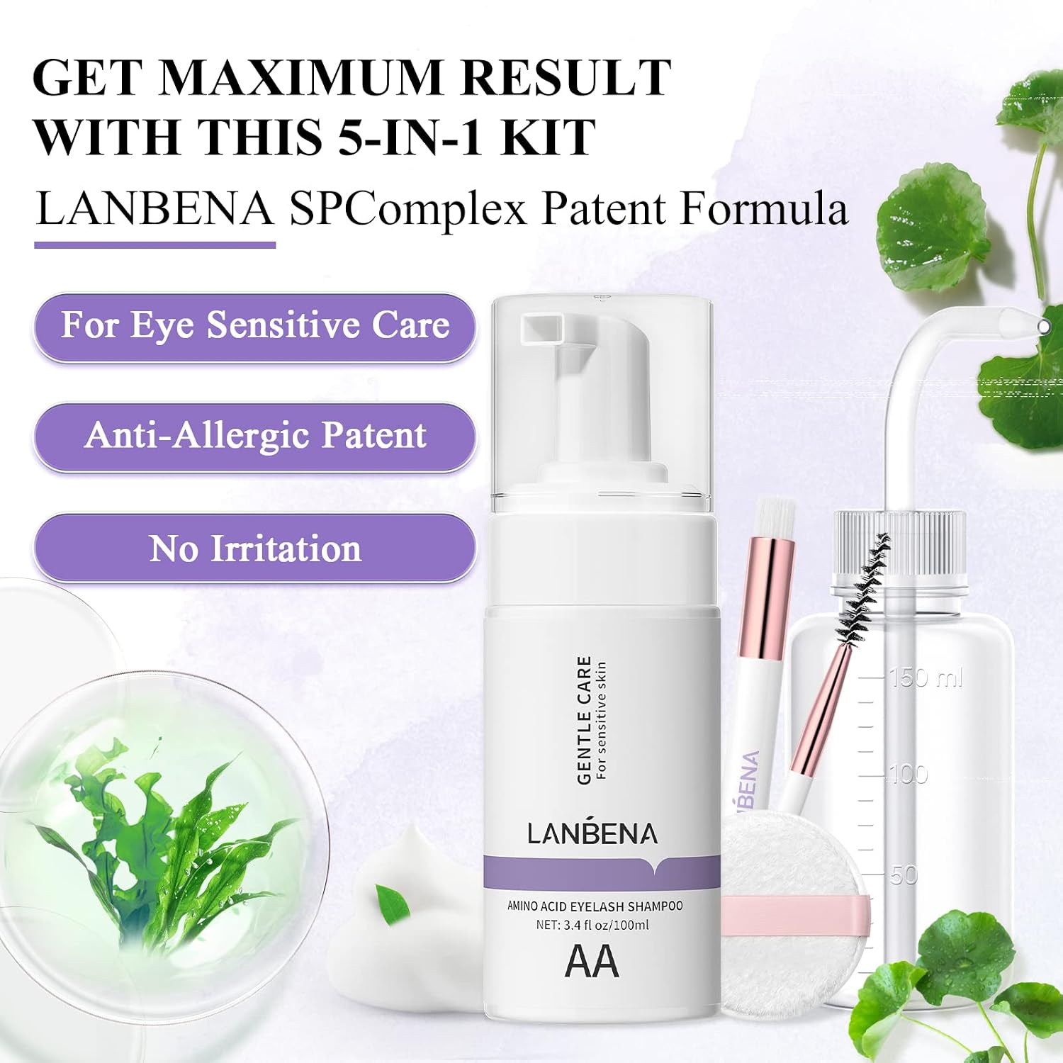 LANBENA 100ML Eyelash Extension Cleanser Kit for Lash Extensions, AMINO ACID Eyelash Shampoo, Lash Cleaning Kit with Brush, Home Salon Use, Cotton Pads+Bottle