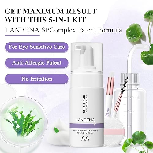 Miniatura 2 de LANBENA Kit limpiador de pestañas y pestañas, 3.4 fl oz, espuma de aminoácidos para pieles sensibles, removedor de maquillaje, sin parabenos ni