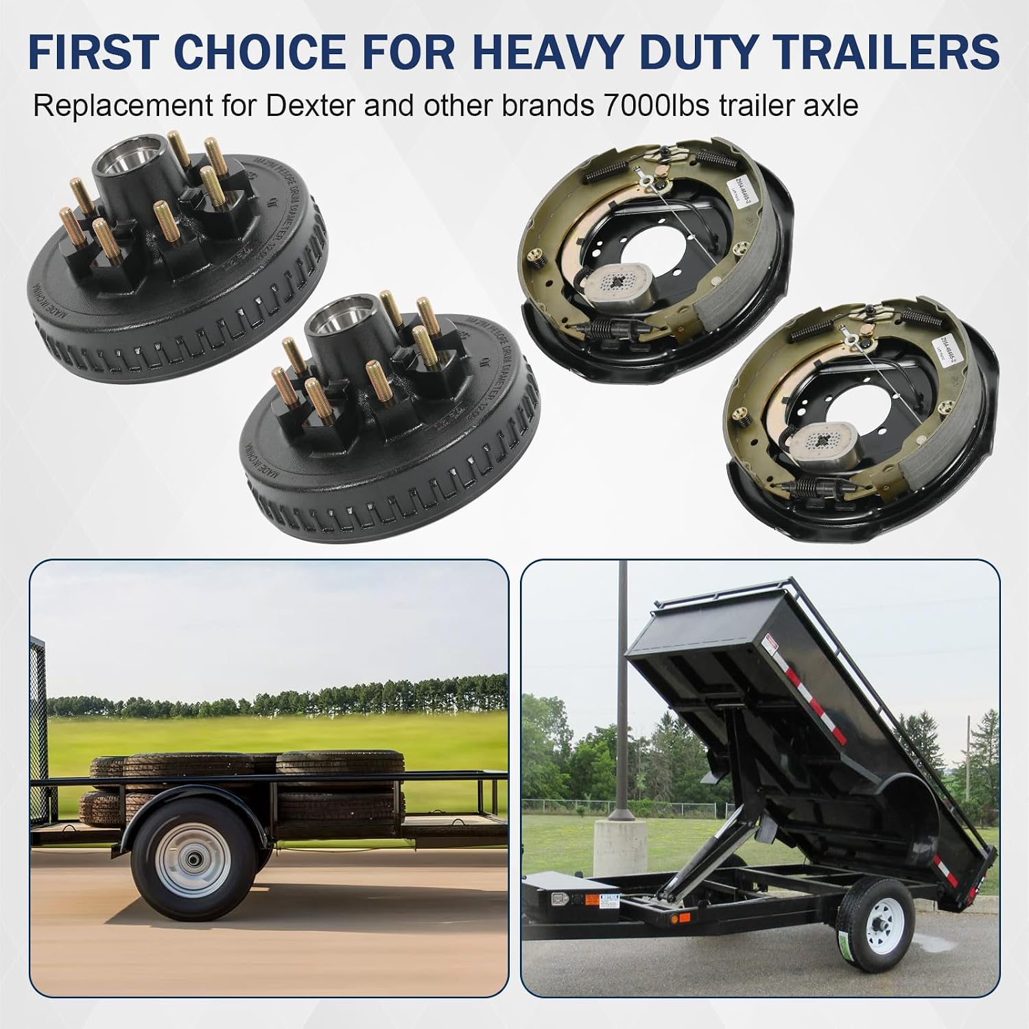 Trailer Hub Drum Kits 8 on 6.5" B.C. with 12" x 2" Self-Adjusting Electric Brakes Assembly for 7K Axle 9/16" Studs Complete Left + Right Set