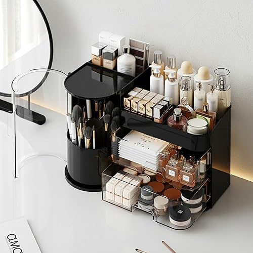 Miniatura 6 de Organizador de maquillaje con soporte giratorio para cepillos, organizador de cosméticos con cajones, organizador de cuidado de la piel para
