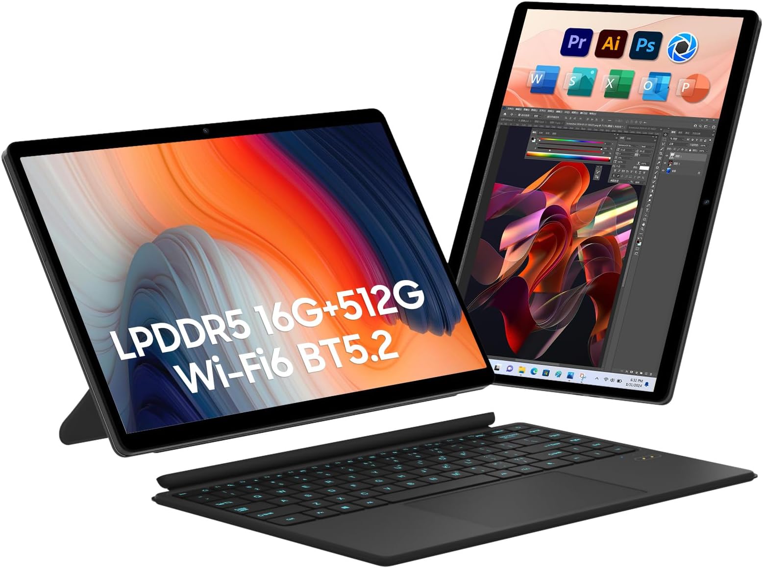 EYY 2 in 1 Laptop/Tablet Computer, Intel N100 (UP to 3.40GHz), 16GB LPDDR5 512GB SSD Windows 11 Laptop, 14" 1920*1200 Resolution 16:10 Touchscreen, Wifi 6, BT5.2, HDMI, Backlit Keyboard, Dual Camera