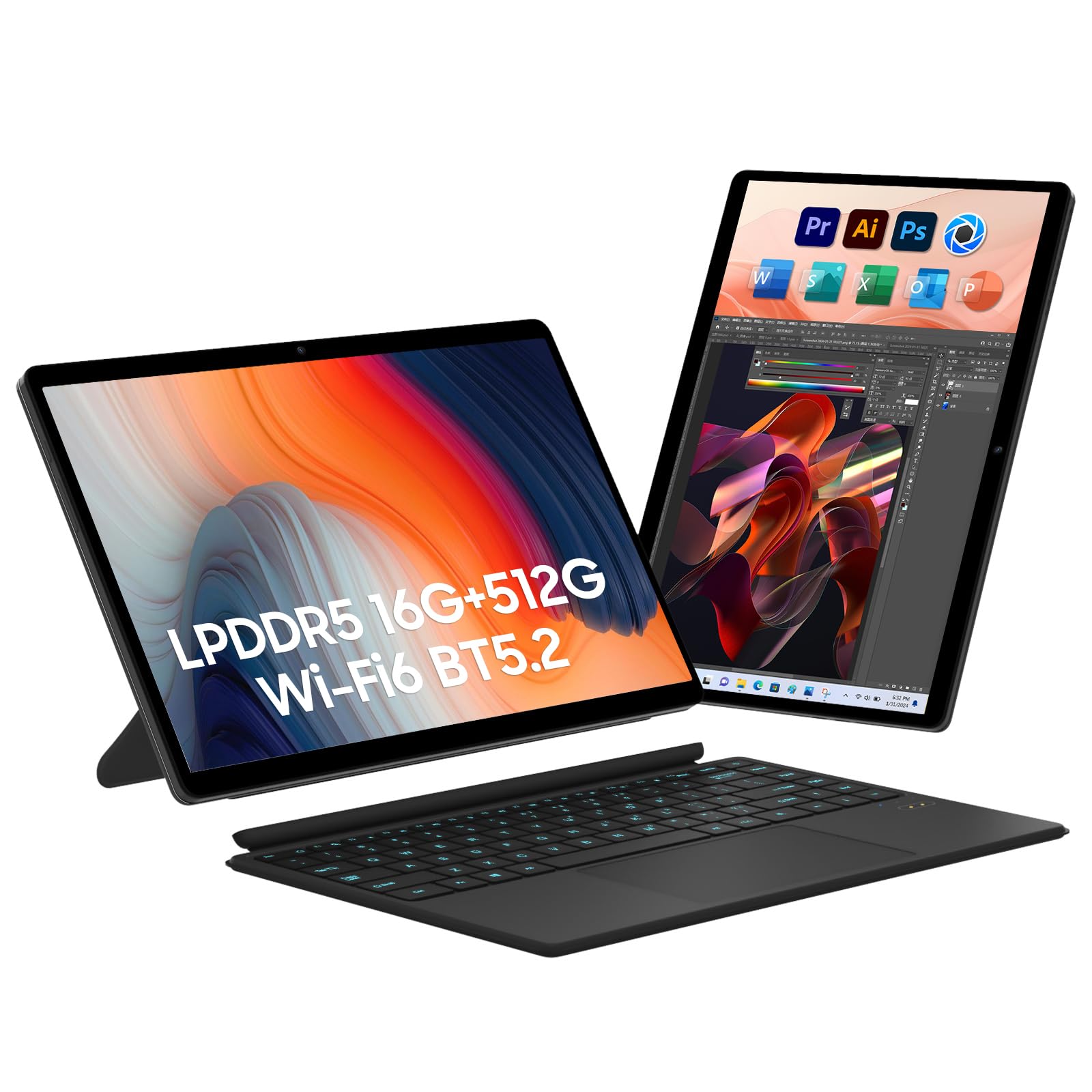 EYY 2 in 1 Laptop/Tablet Computer, Intel N100 (UP to 3.40GHz), 16GB LPDDR5 512GB SSD, Laptop 14" 1920 * 1200 Resolution 16:10 Touchscreen, WiFi 6, BT5.2, HDMI, Backlit Keyboard, Dual Camera