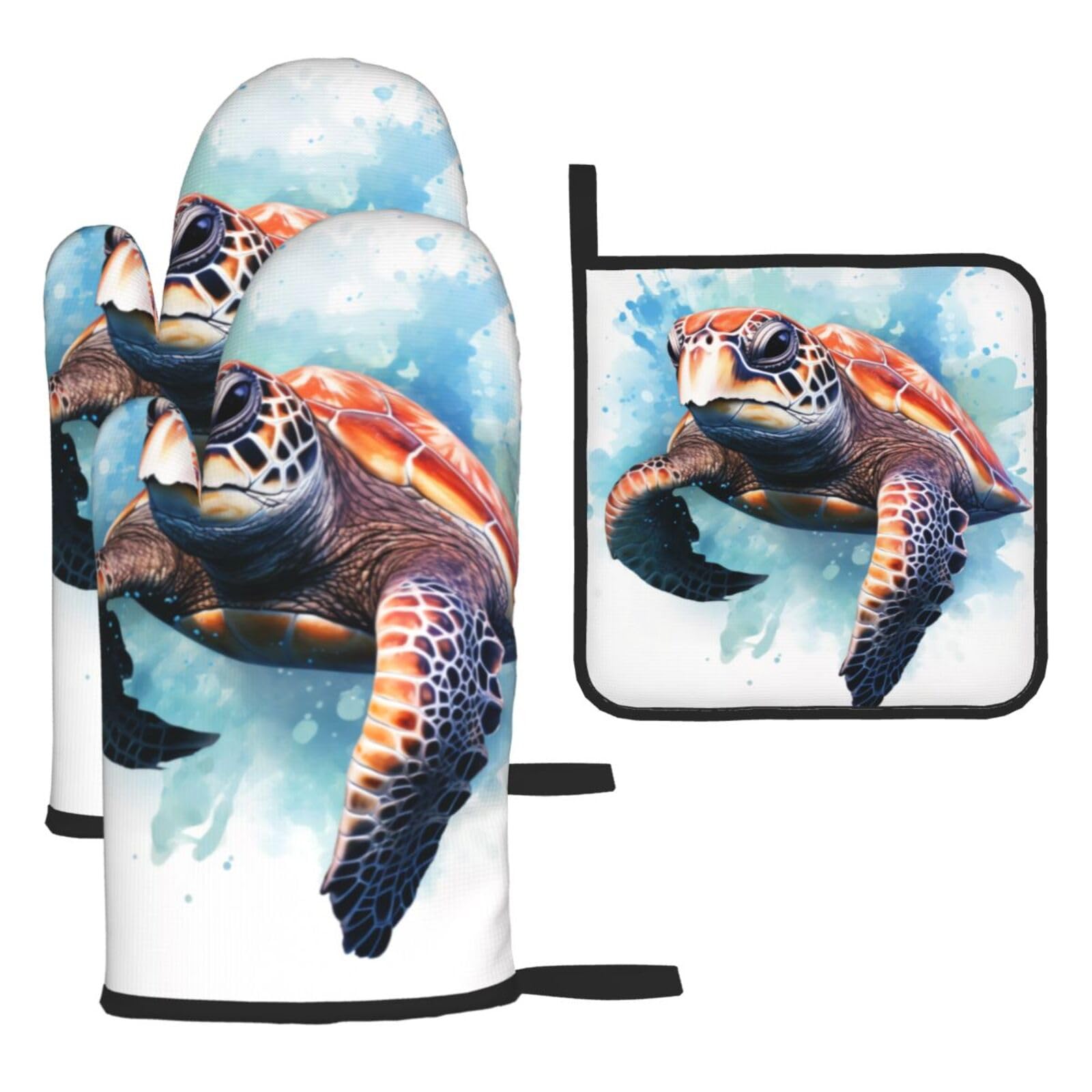 Sea Turtle Underwater Oven mittens and oven mitts three-piece set suitable for oven, grilling, baking, microwave and home cooking.