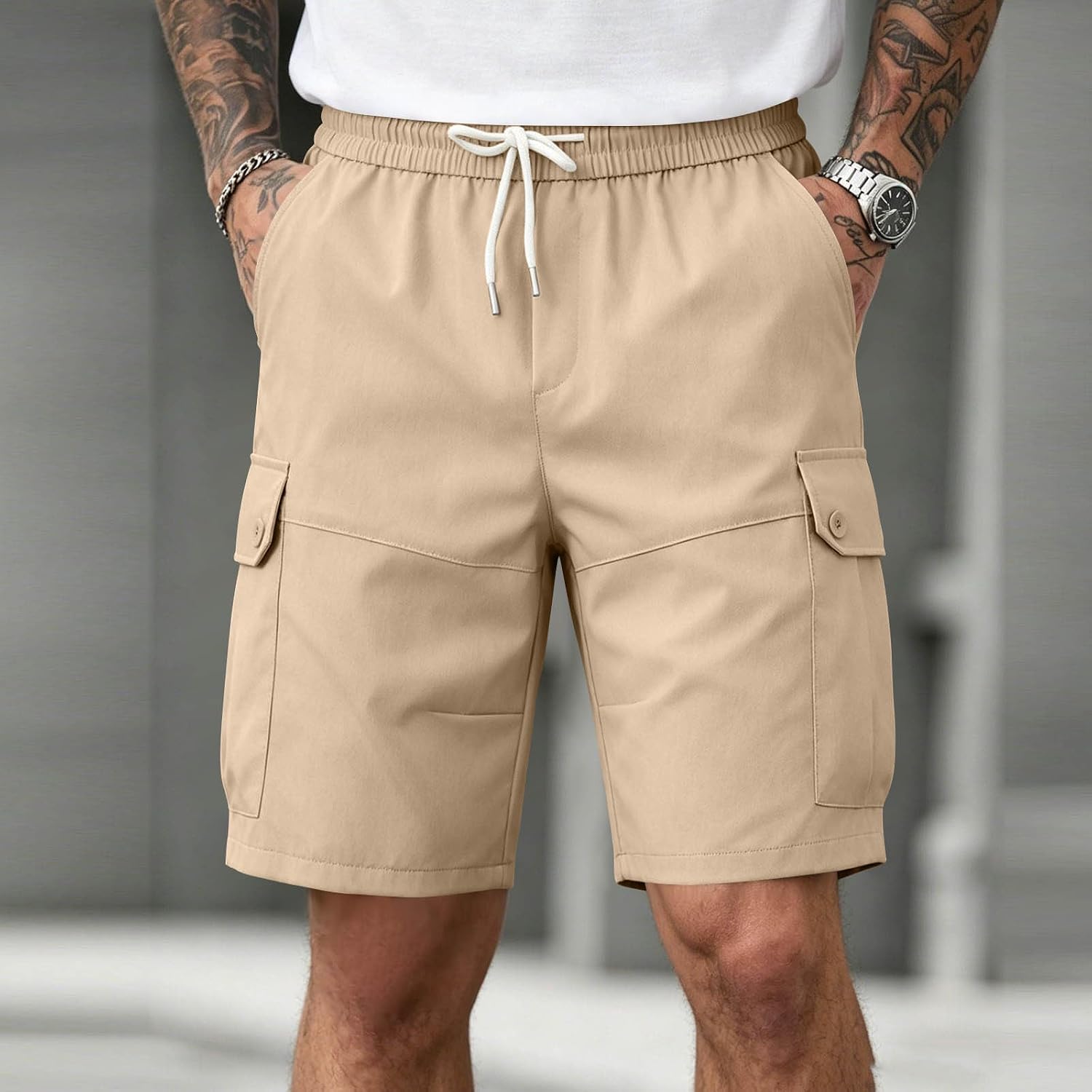 ABABC Mens Cargo Shorts Stretchy Drawstring Hiking Short Summer Casual Outdoor Elastic Waist Shorts with Multi Pockets