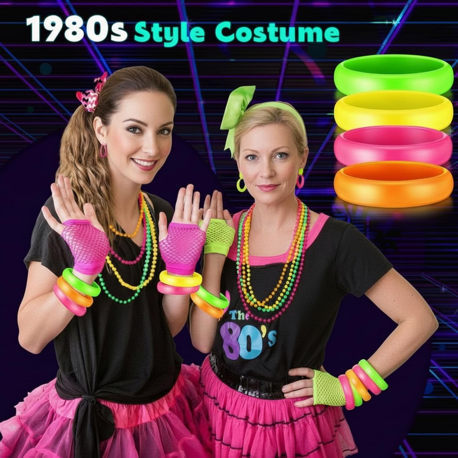 Batiyeer 48 Pcs 80s Neon Costume Accessories for Women, 24 Neon Plastic Bracelet and 24 Beads Necklace 80s Costume Accessories for Women Birthday Party Decor Supplies