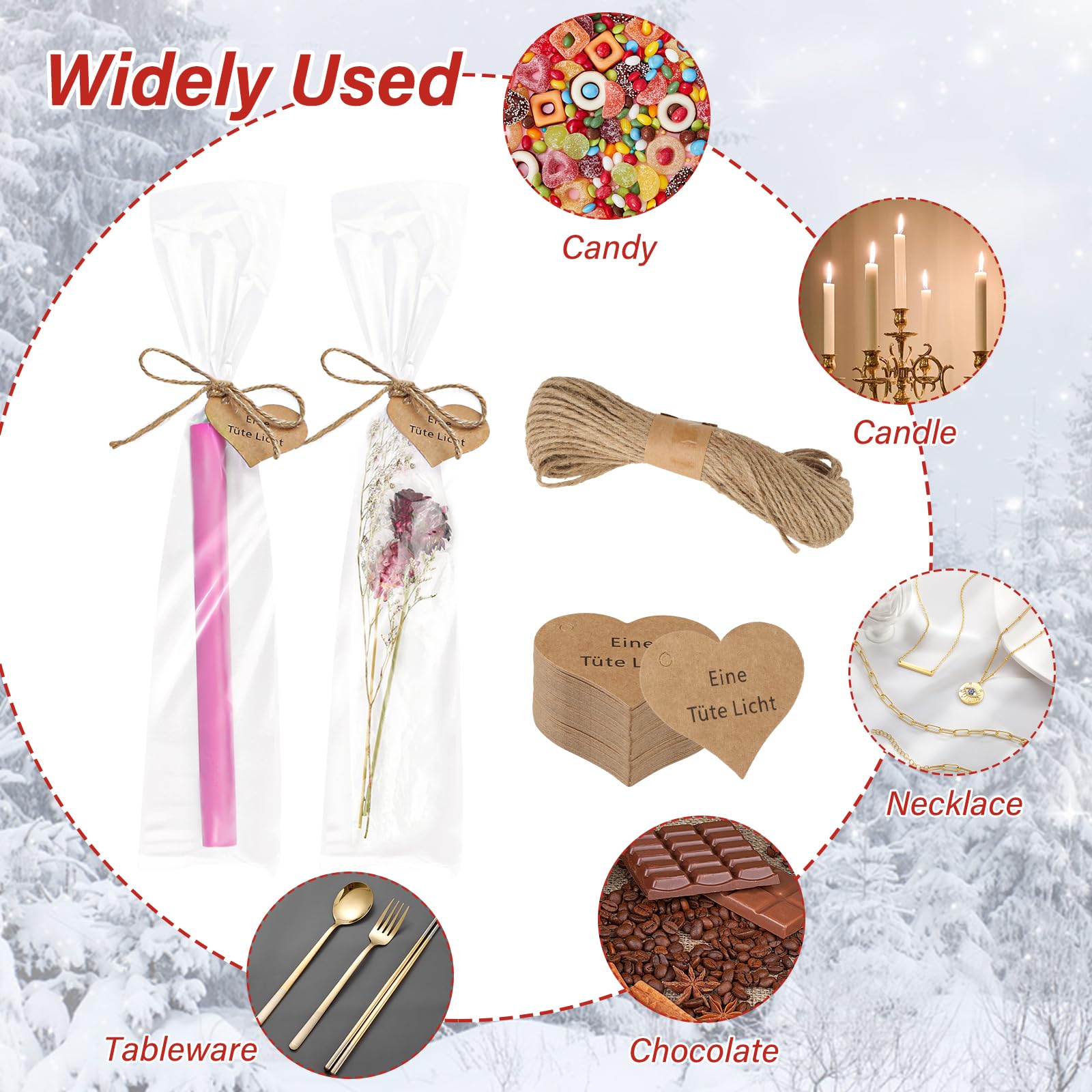 Set 200 Sacchetti Cellophane Pasquali 5x25 Cm Con Spago E Etichette, Per Candele, Caramelle, Snack E Piccoli Regali - 2