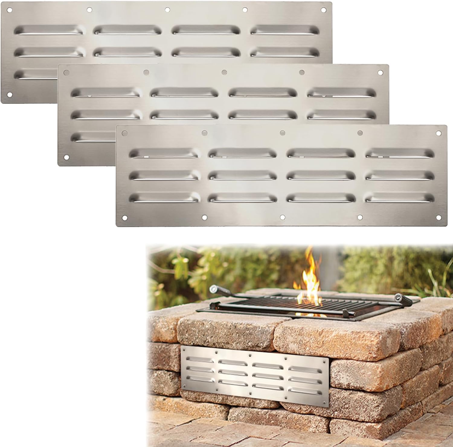 3 Pack Stainless Steel Venting Panel for Grill Accessory, Rectangle Grill Vent Cover Stainless Steel Stove Vent Cover Fire Pit Screen for Masonry Fire Pits & Outdoor Kitchen, 15x6.5 Inches