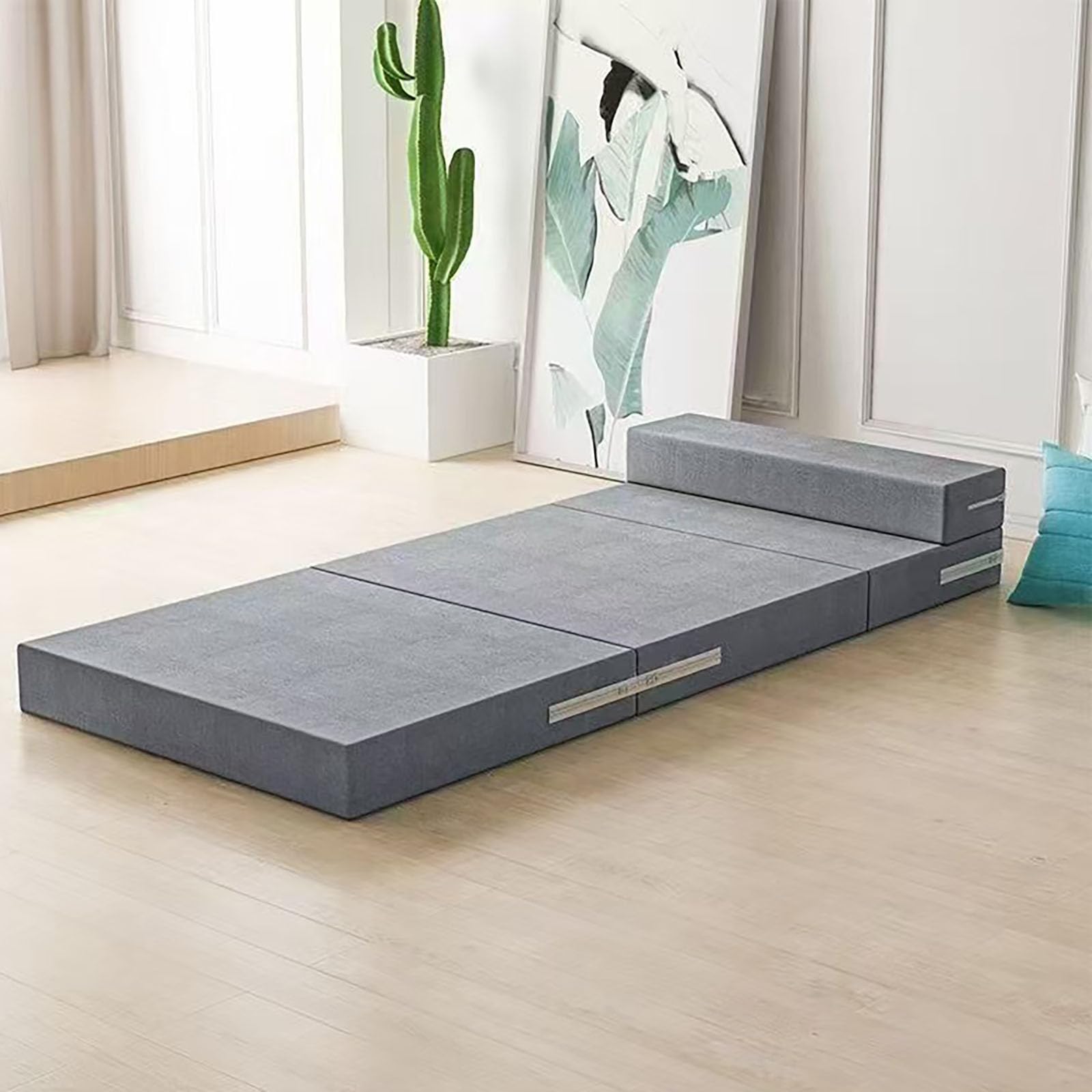 Genérico Colchón Plegable de 4 Piezas con Cabecero y Almohada, Colchón Plegable para Invitados con Funda Extraíble y Lavable para Tatami Salón Viajes Camping y Maletero de Coche,Gris,160 * 60 * 8cm