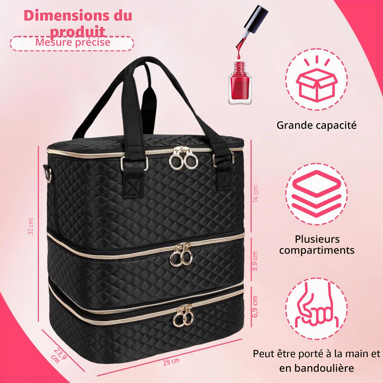 Rangement Vernis a Ongle, Organisateur de Vernis à Ongles à 3 étages pour 84 Flacons de Vernis à Ongles et 1 Lampe LED, Mallette Pratique avec Poignée et Bandoulière pour Accessoires de Manucure