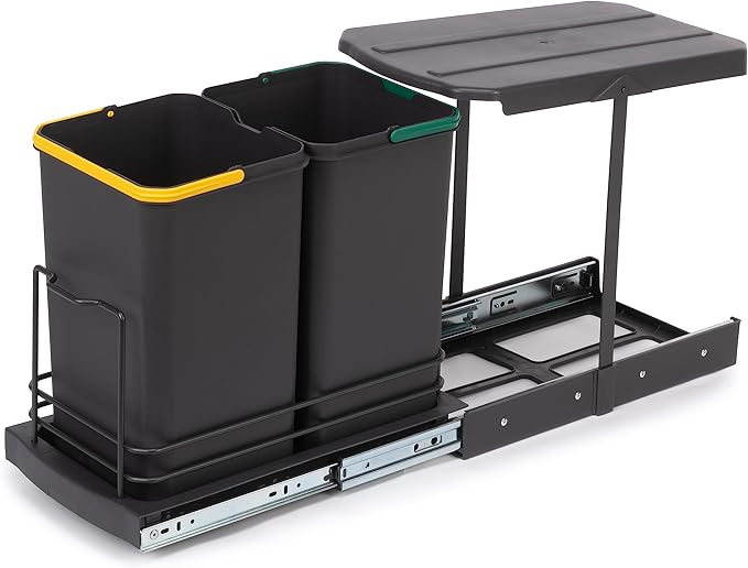 EMUCA - Contenedores de reciclaje Recycle para cocina, Cubos de basura bajo fregadero 2 x 12 L, fijación inferior y extracción manual/automática, Plástico gris antracita, 1 und