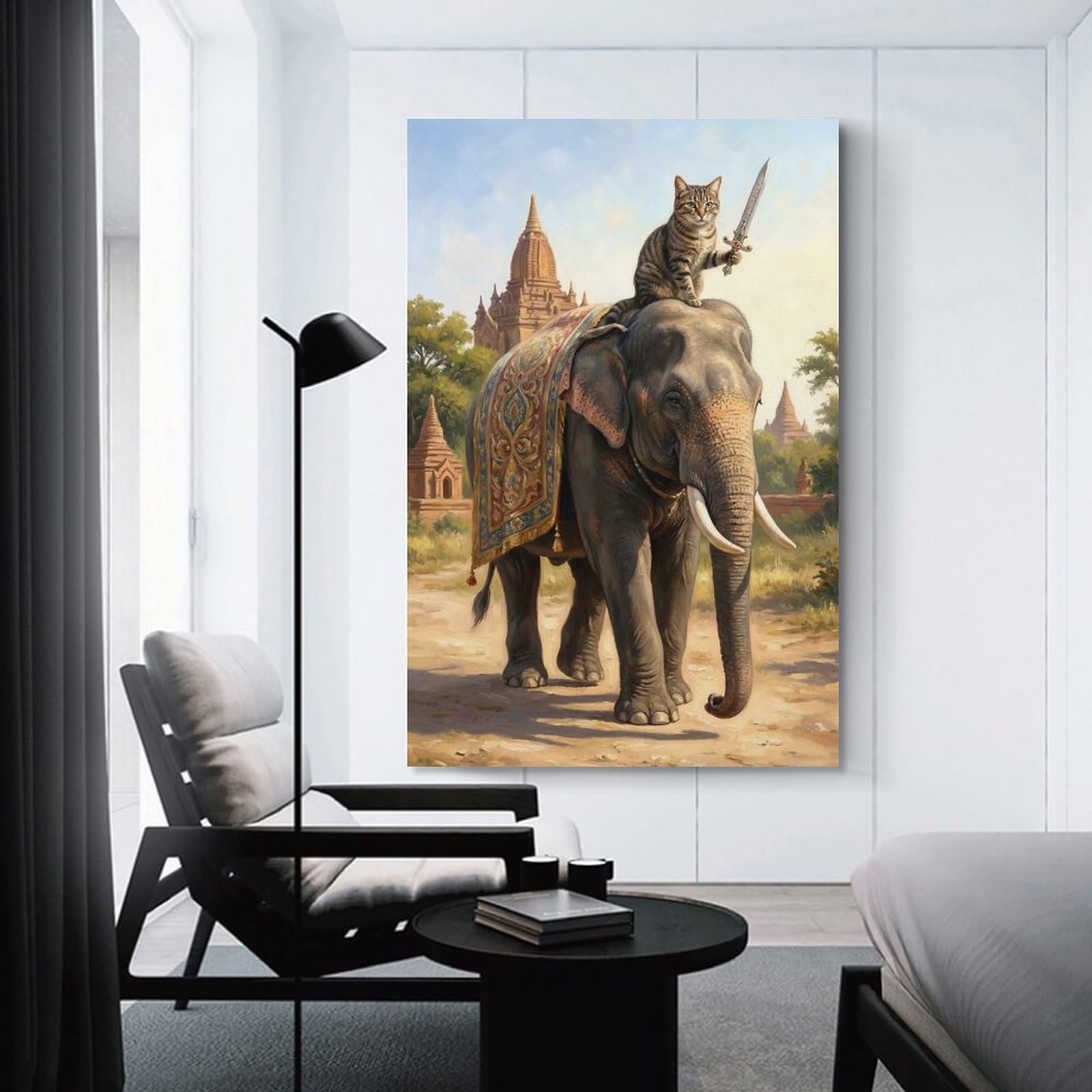 Junmoney Cat Riding Elephant with Sword Decorative Canvas Print 08x12inch(20x30cm), for Study, Office Or Focused Interiors, Wall Art That Adds Style to Work Areas