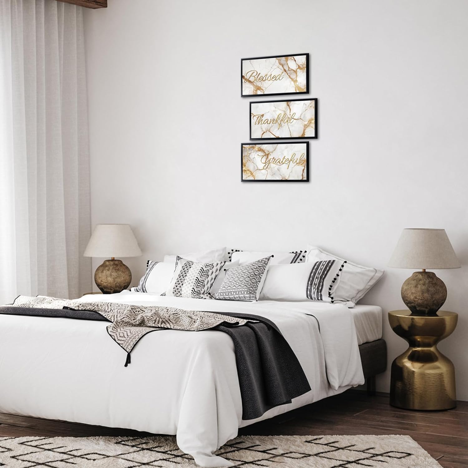 Canvbay 3 Piece White and Gold Canvas Wall Art Rustic Thankful Grateful Blessed Quote Marble Prints Modern Home Decor for Kitchen Dining Office Black Framed 8x16inchx3pcs