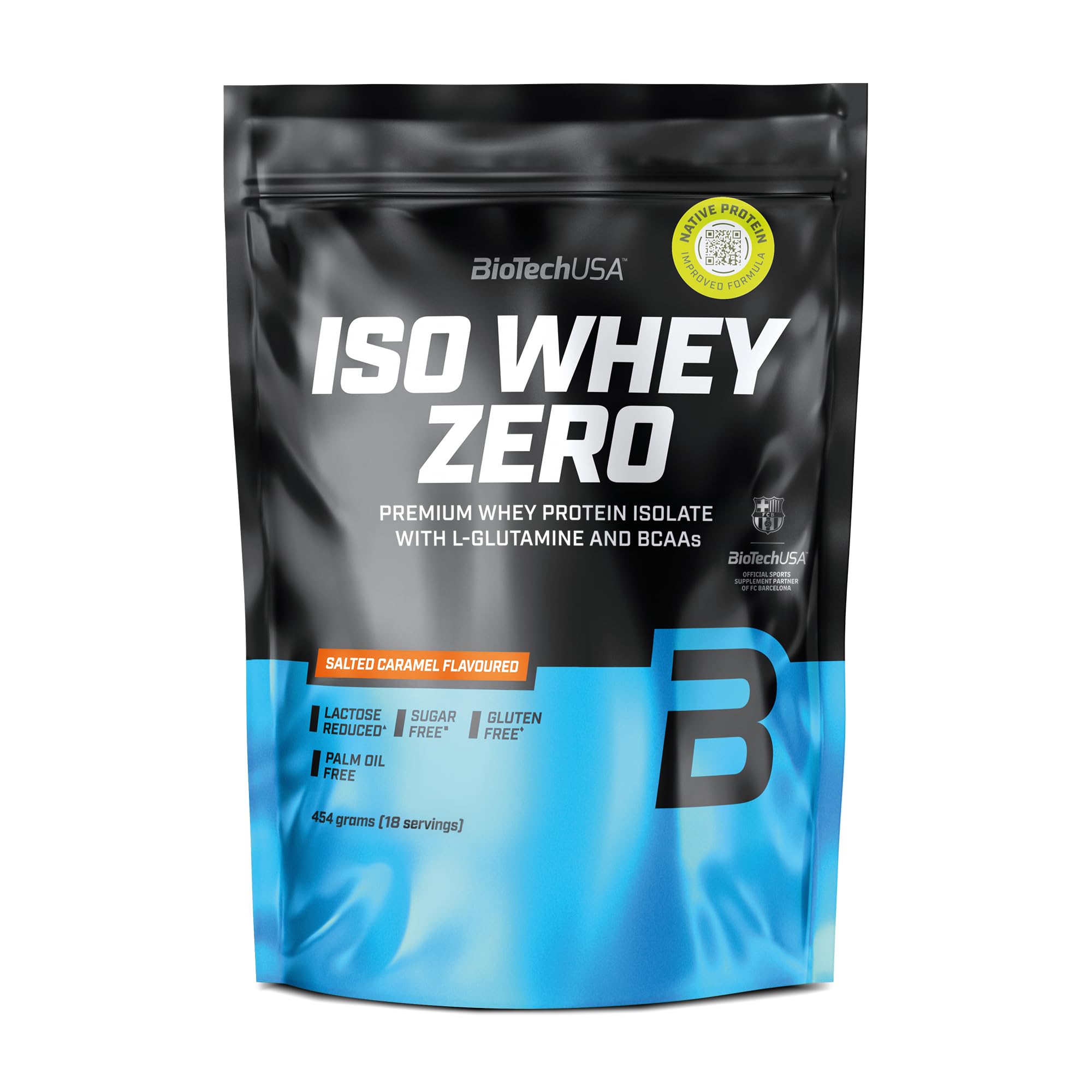 BioTechUSA Iso Whey Zero | Premium Whey Protein Isolate | Grass-Fed | Enzyme-Free | Sugar- and Gluten-Free, 454 g, Salted Caramel