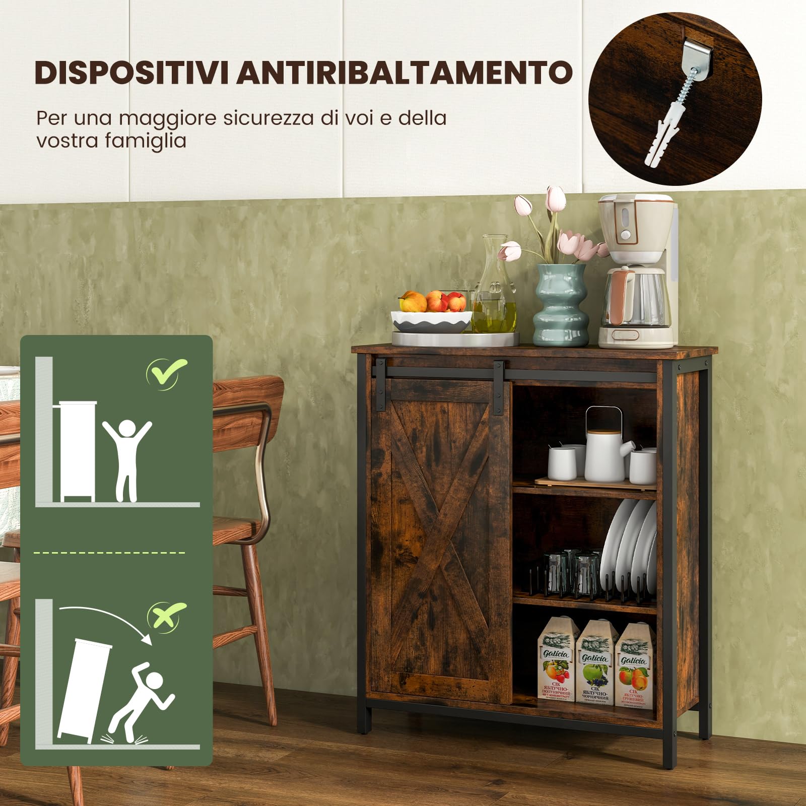 RELAX4LIFE Credenza a Buffet con Anta Scorrevole, Mobile da Cucina con 4 Ripiani Regolabili, Kit Anti-ribaltamento, Mobile Bar in Stile Rustico per Soggiorno, Sala da Pranzo e Ingresso