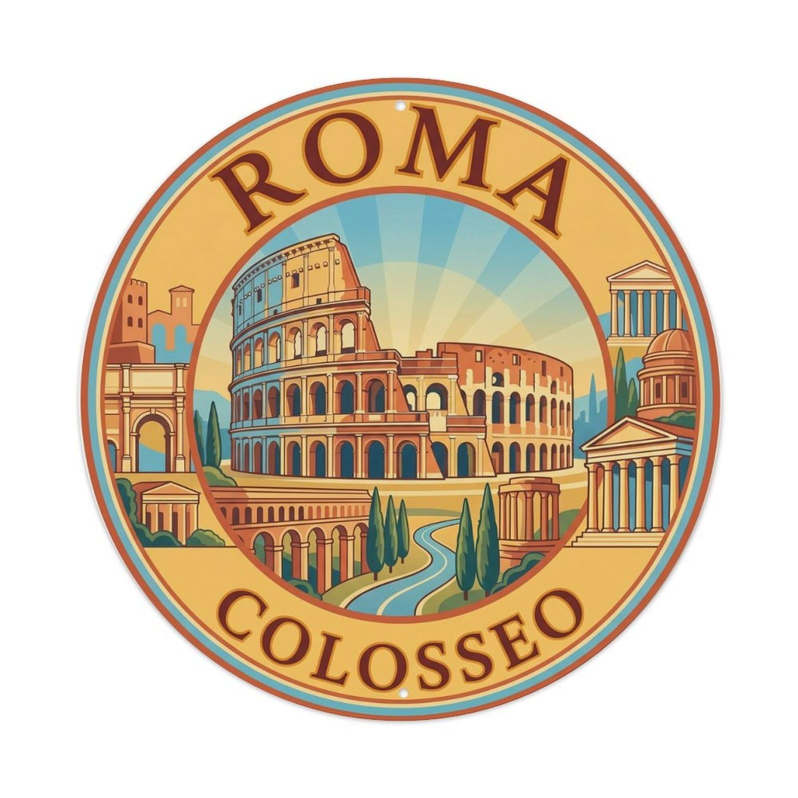 Vintage Travel Rome Colosseum Italy Metal Tin Sign Plaque Wall Decor for Cafe, Club Bar, Office, Home Garden Round Metal Poster 8x8Inch