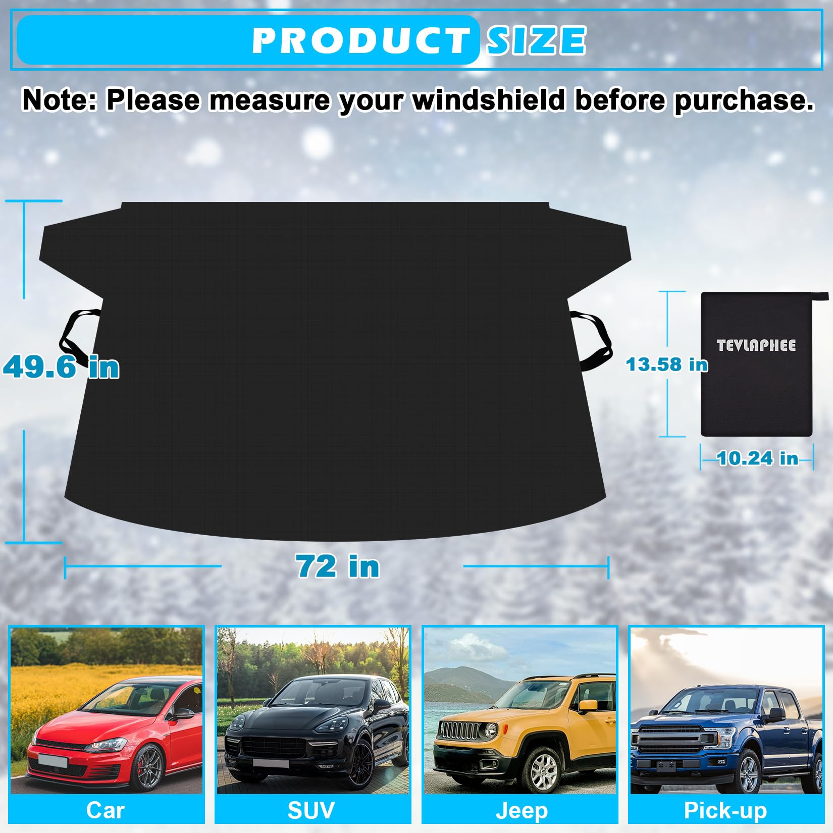 Tevlaphee Windshield Cover for Ice and Snow Heavy Duty 600D Oxford Fabric Waterproof Embedded Magnets Side Mirror Protector — view 6