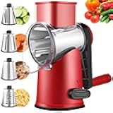 Rotary Cheese Graters with 4 Blades, Hand Crank Cheese Grater with Waffle Slicer, Red, Black and White Cheese Shredder with Suction Base, Easier for Shredding & Grating (Red, 4 Graters)