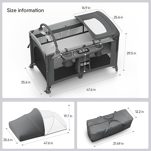 Miniatura 6 de Cuna 4 en 1, para empacar y jugar, para cuna de noche, cambiador de pañales, viene con colchón, mosquitera, almacenamiento inferior y barra de