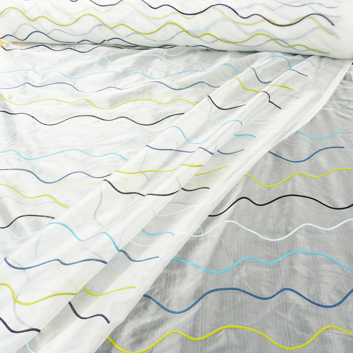 Rasch Tela de organza para cortinas bordada, se vende por metros, Easy Way onduladas, color blanco, azul, verde y negro, 280 cm