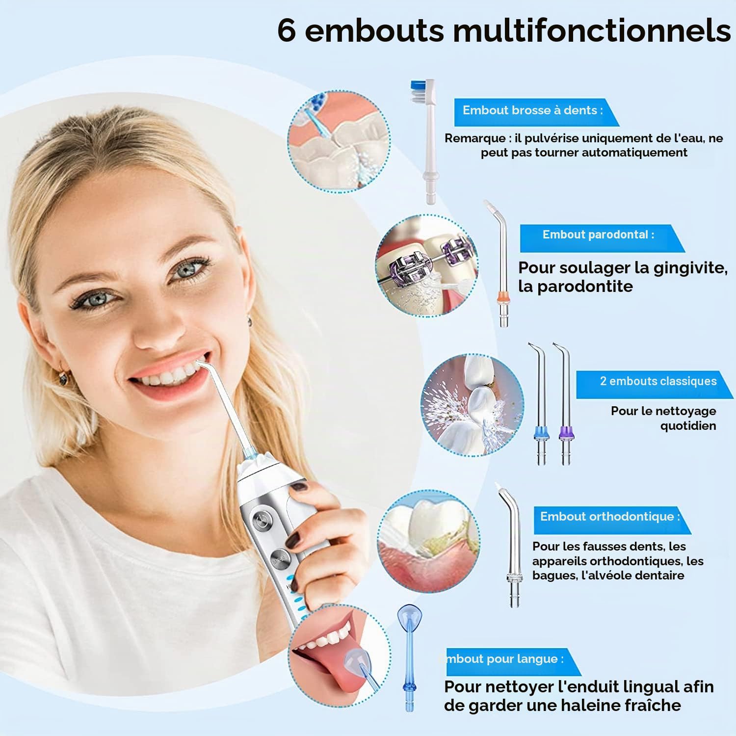 Hydropulseur Jet Dentaire Électrique, 300ml Irrigateur Oral Portable Sans Fil, Charge USB, 6 Buses, 5 Modes d’Impulsion, Boule de Gravité Incluse, IPX7 Étanche, Sac de Voyage Offert