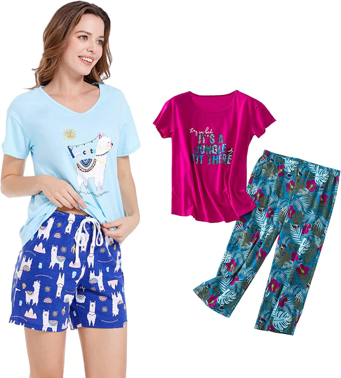 Women's Soft Pajama Sets 2 Sets include Rose Top and Capri