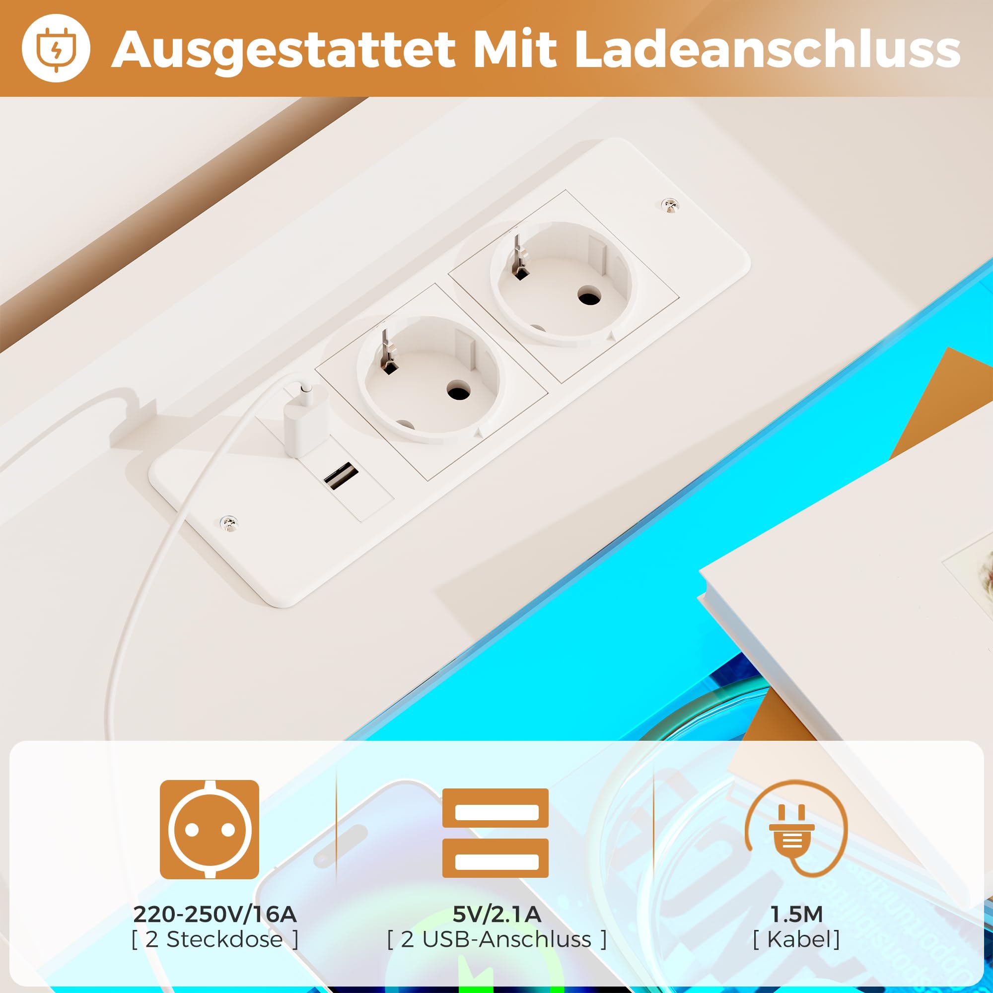 ANWBROAD Nachttisch 2er Set,Nachttisch mit Ladefunktion und LED-Licht, Glasplatte, Nachtschrank mit 2 Schubladen und 1 Offenes Fach, Beistelltisch mit Steckdose und USB-Anschlüssen, Weiß BNS001W