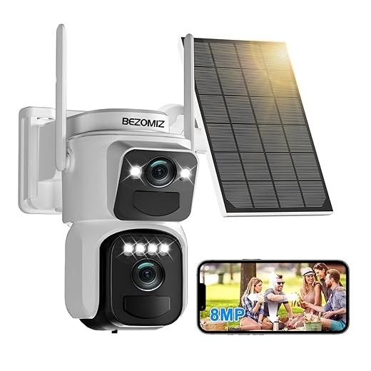 BEZOMIZ 8MP Caméra Surveillance WiFi Extérieure à Double Objectif,2,4/5Ghz,AI Détection Humaine avec Panneau Solaire,360° PTZ Caméra,Suivi Automatique,Vision Nocturne Couleur,Audio Bidirectionnel,IP66