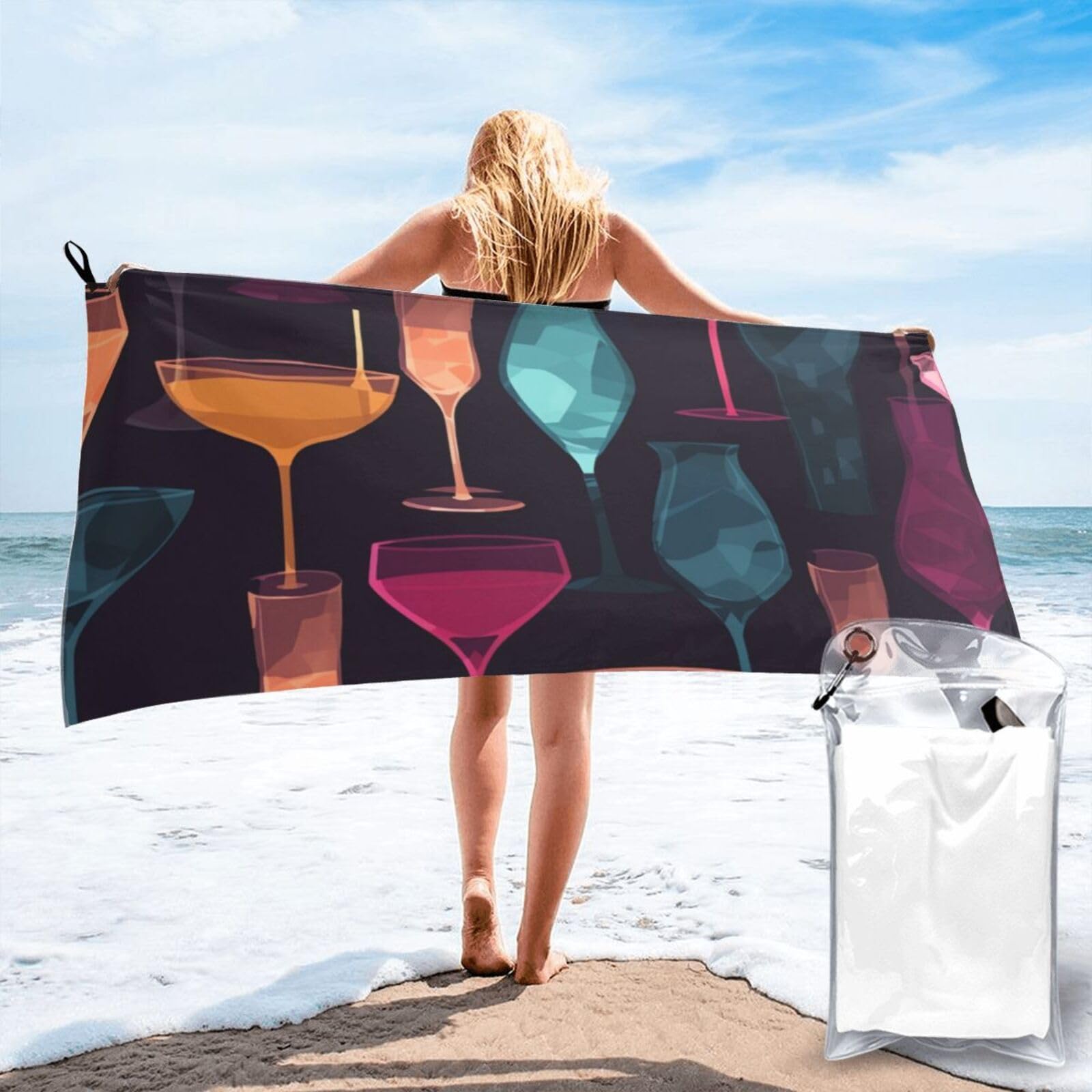 Fhebnds White Cocktail Glasses Beach Towels Oversized 31.5"X63" Microfiber Sand Free Towels For Adult Gift Quick Dry Absorbent Swim Pool Towel Travel Sports Towel Lightweight