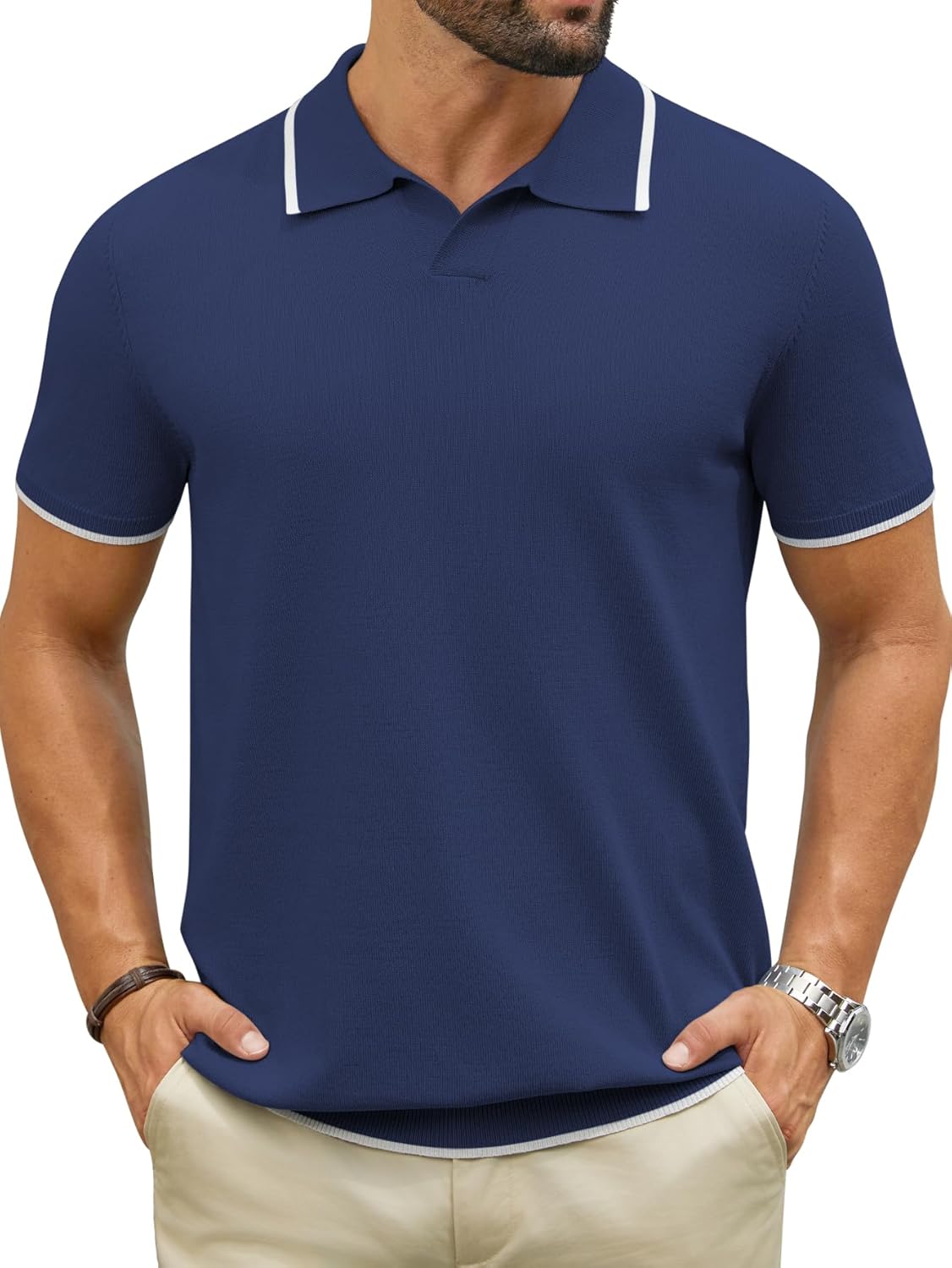 Hardaddy Men's Short Sleeve Knit Polo Shirts V Neck Color Block Lightweight Casual Collared Golf Shirt