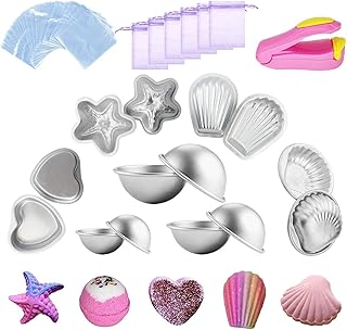 Kyerivs Metal Bath Bomb Mold 14 PCS(6 Hemispheres, 2 Starfish, 2 Heart, 2 Shell, 2 Scallop) with 100 Shrink Wrap Bags 6 Gift Bag and 1 Mini Heat Sealer For Bath Bombs Handmade Soaps & Cake